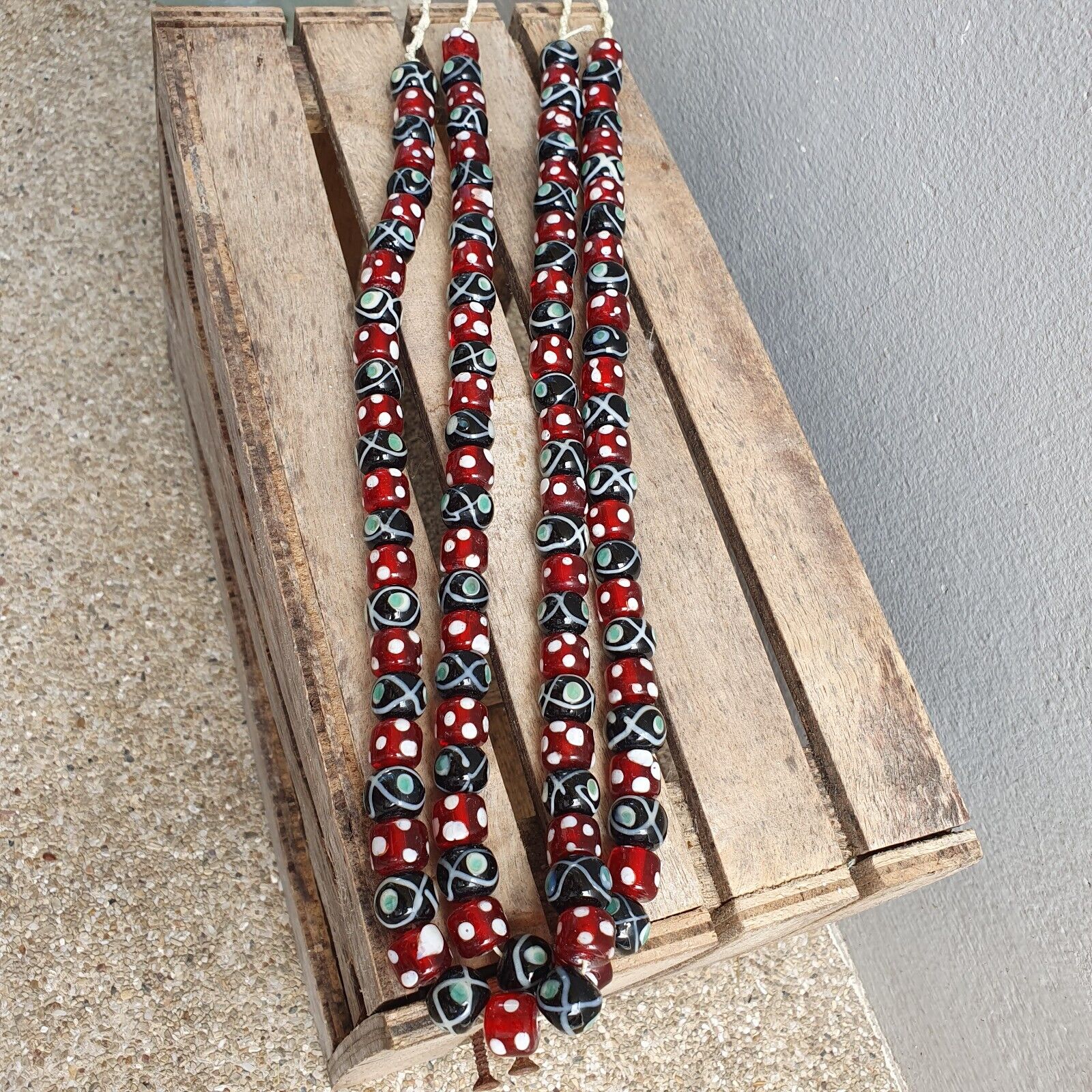 Vintage Red Skunk white Dotted and Black Eyes Glass Beads Strand Necklace