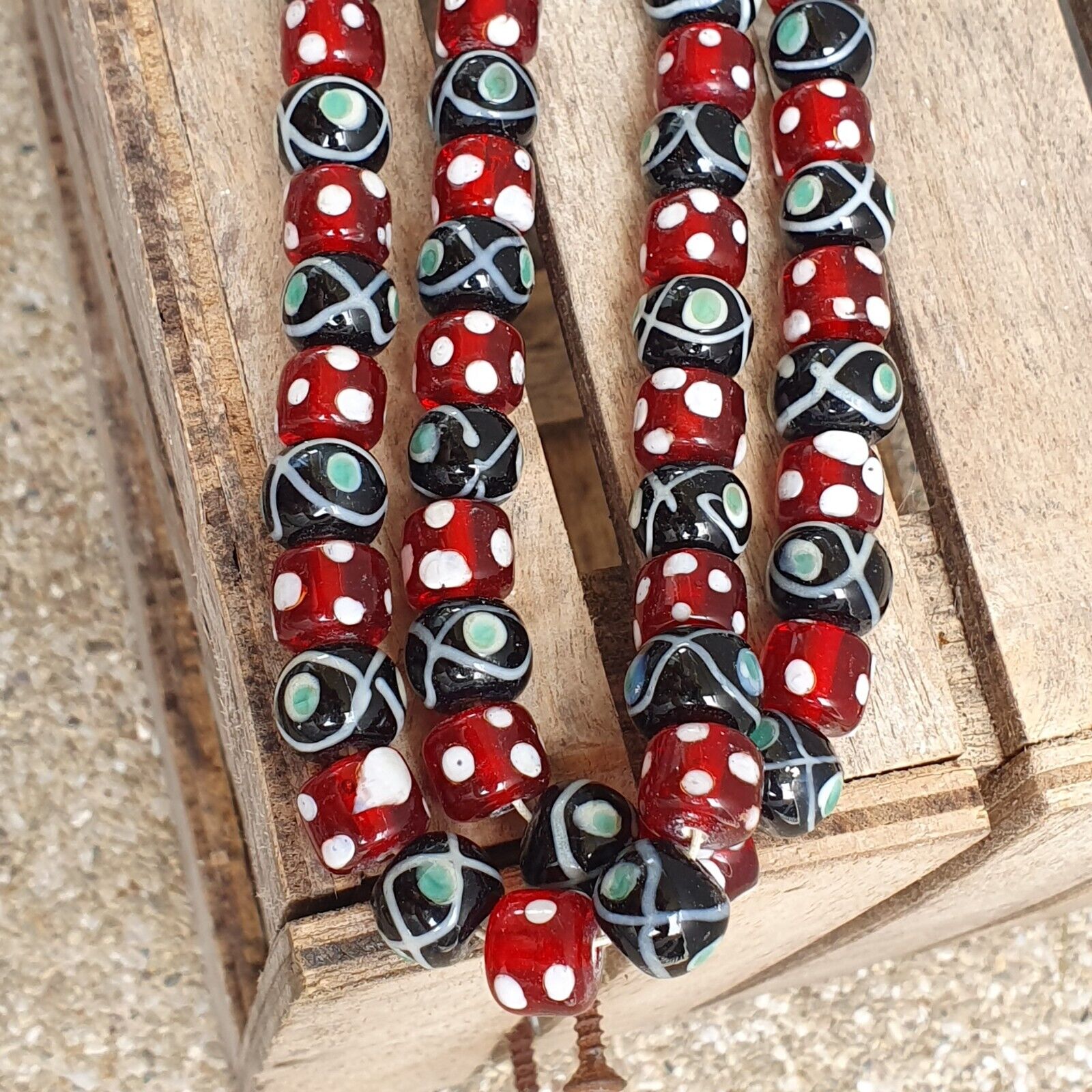 Vintage Red Skunk white Dotted and Black Eyes Glass Beads Strand Necklace