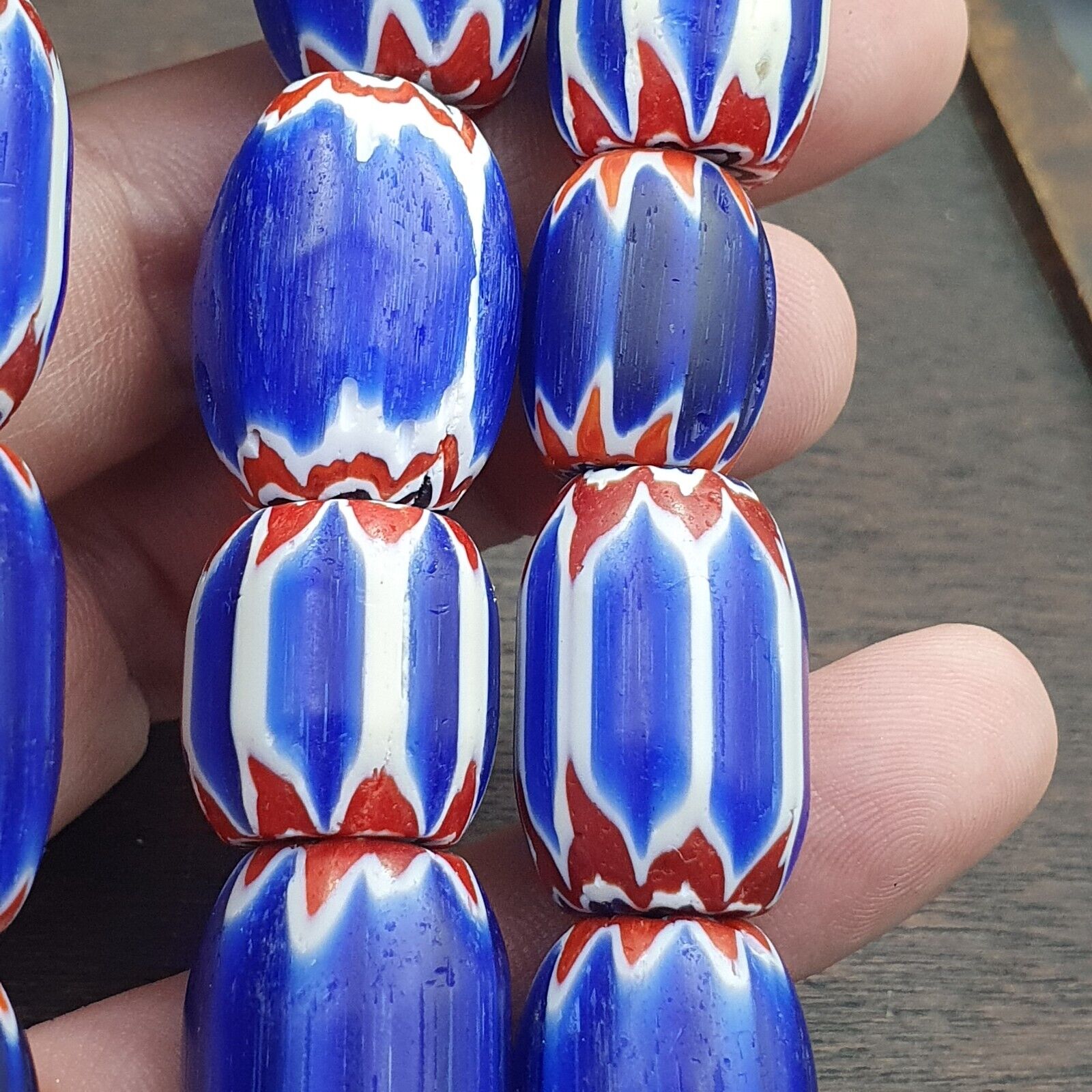 Vintage Venetian Style Trade Beads Blue Chevron Glass Beads Long necklace -B2