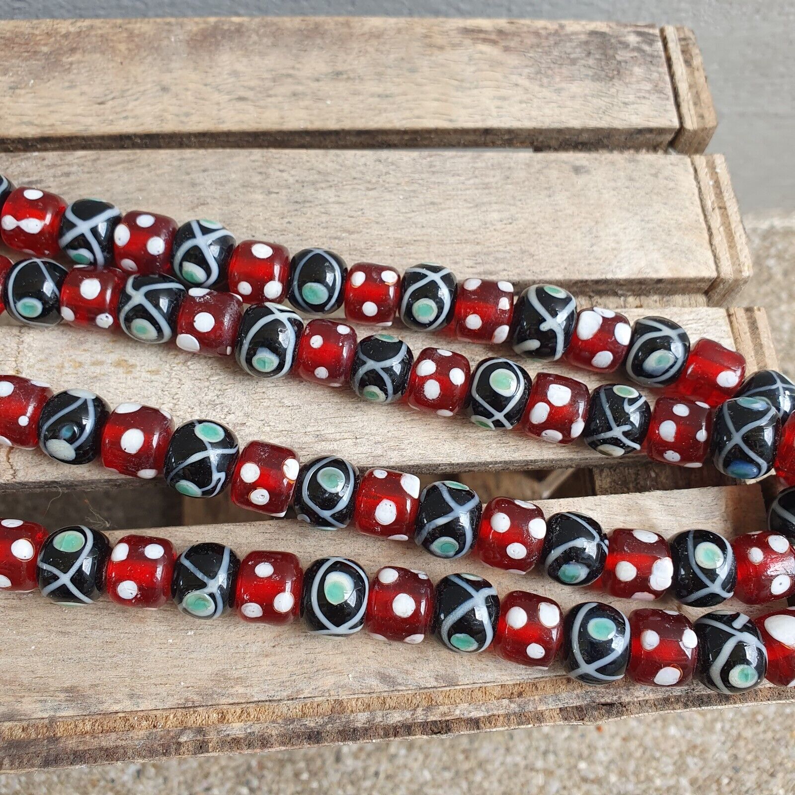Vintage Red Skunk white Dotted and Black Eyes Glass Beads Strand Necklace