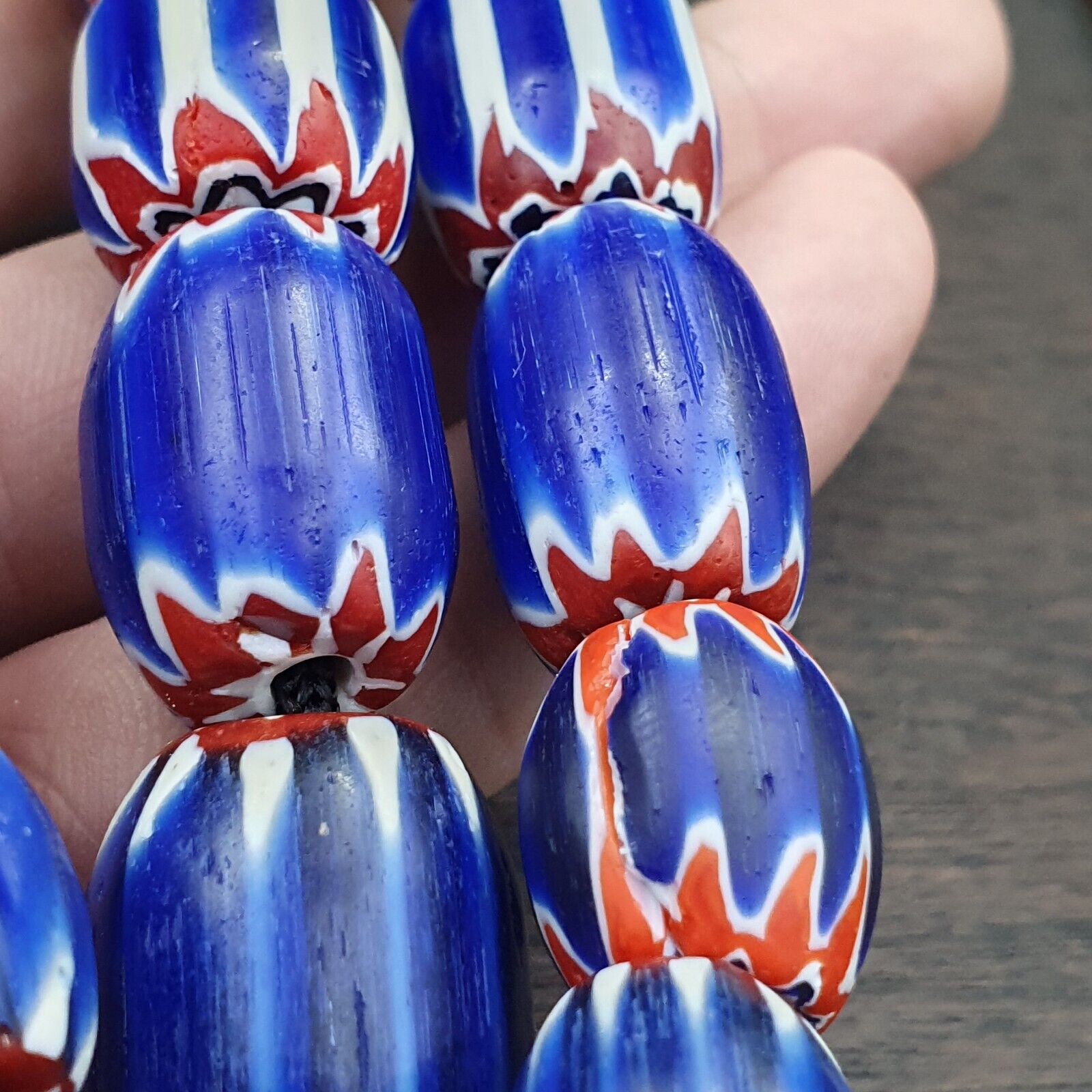 Vintage Venetian Style Trade Beads Blue Chevron Glass Beads Long necklace -B2