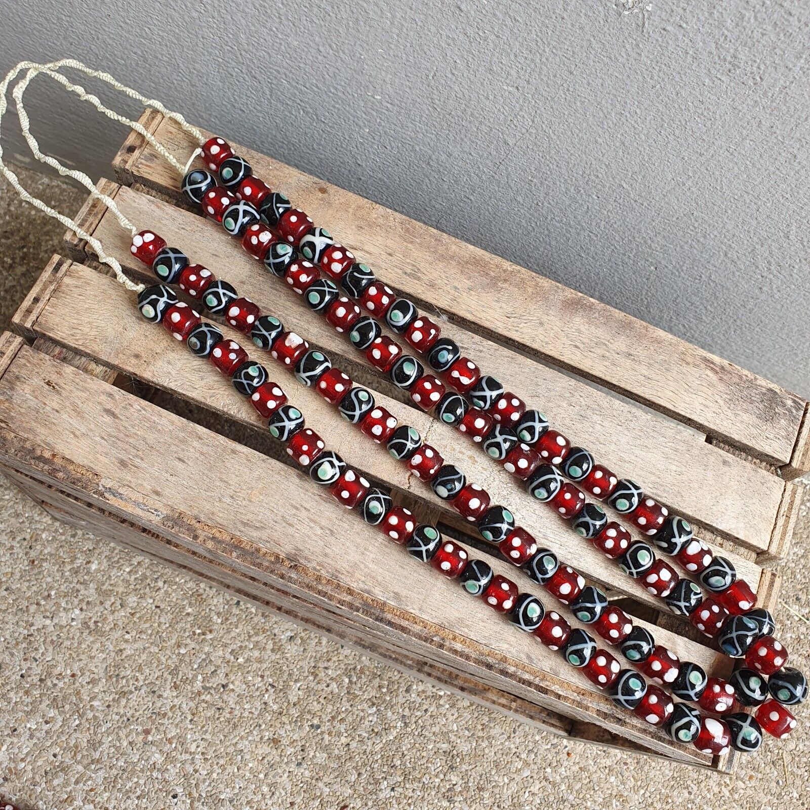 Vintage Red Skunk white Dotted and Black Eyes Glass Beads Strand Necklace