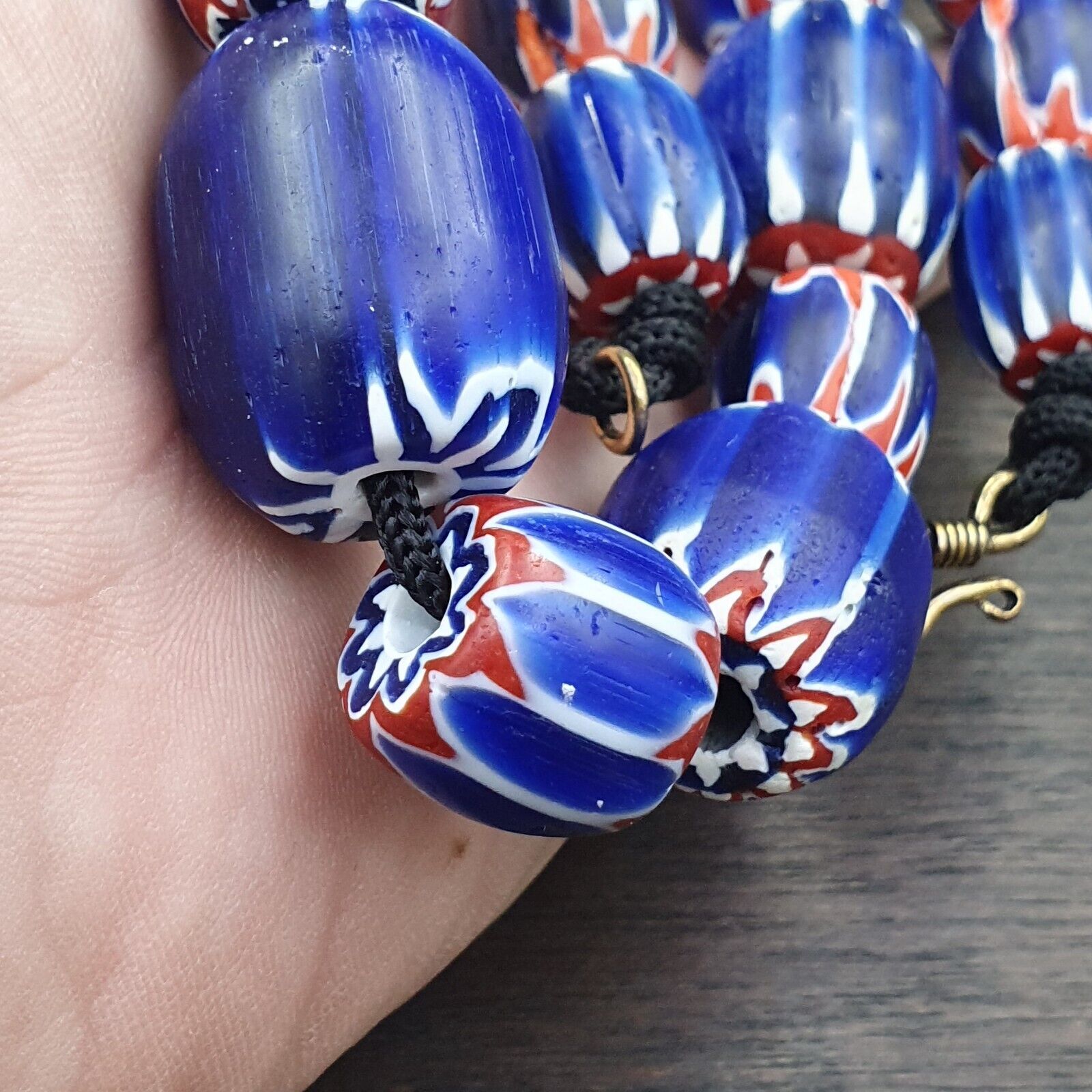Vintage Venetian Style Trade Beads Blue Chevron Glass Beads Long necklace -B2