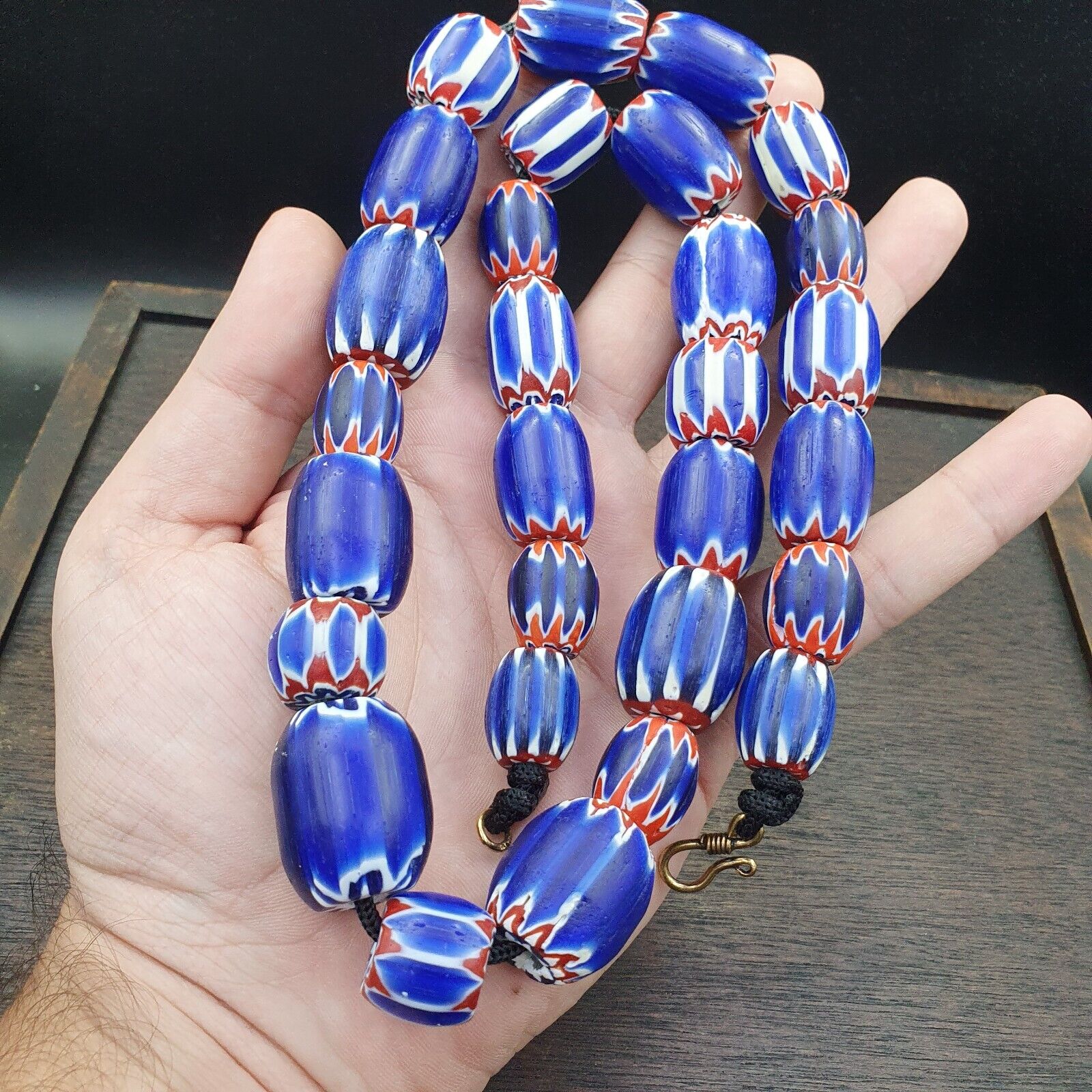 Vintage Venetian Style Trade Beads Blue Chevron Glass Beads Long necklace -B2