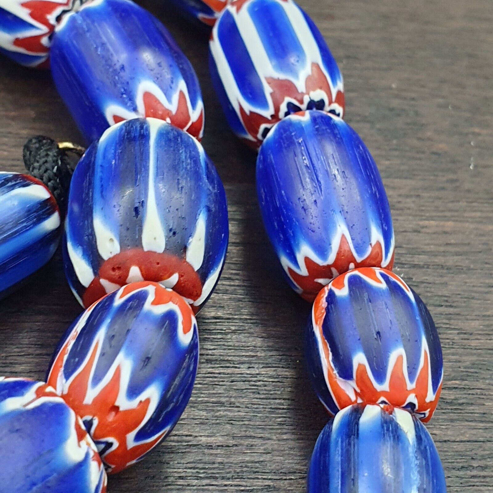 Vintage Venetian Style Trade Beads Blue Chevron Glass Beads Long necklace -B2