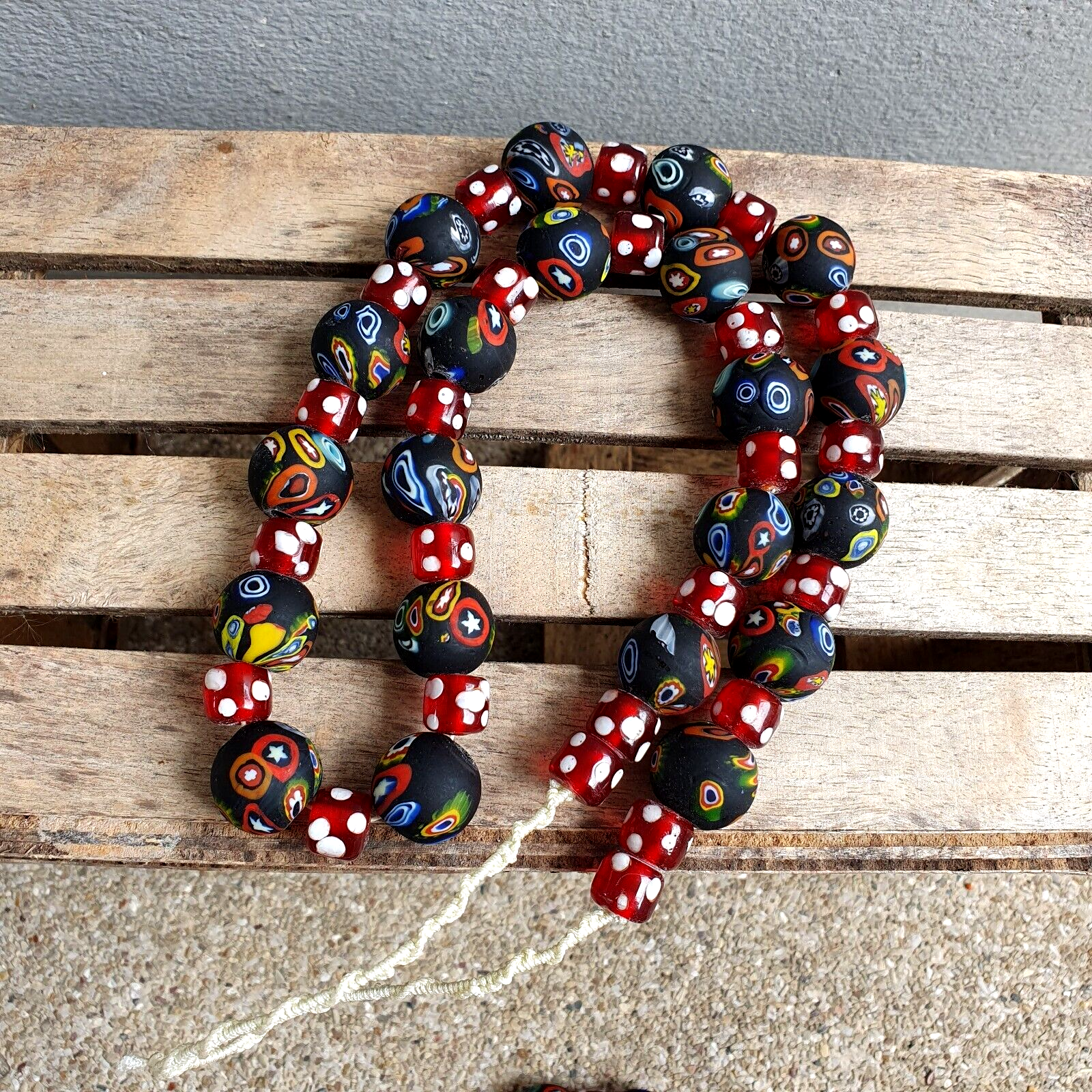 Vintage Red Skunk Eyes Mosaic Style Beads Strand GLASS BEADS Necklace