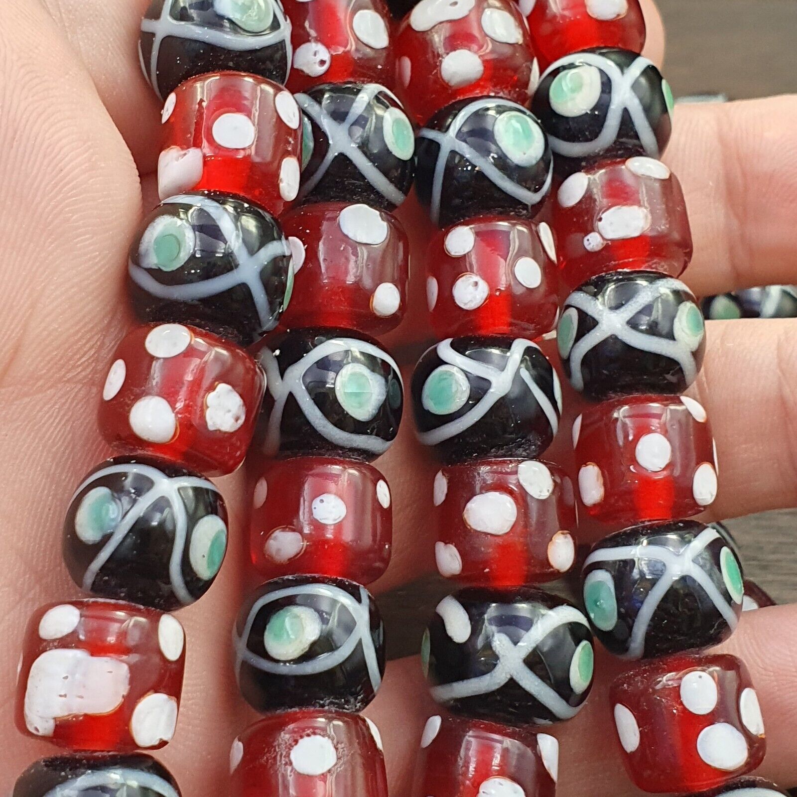 Vintage Red Skunk white Dotted and Black Eyes Glass Beads Strand Necklace