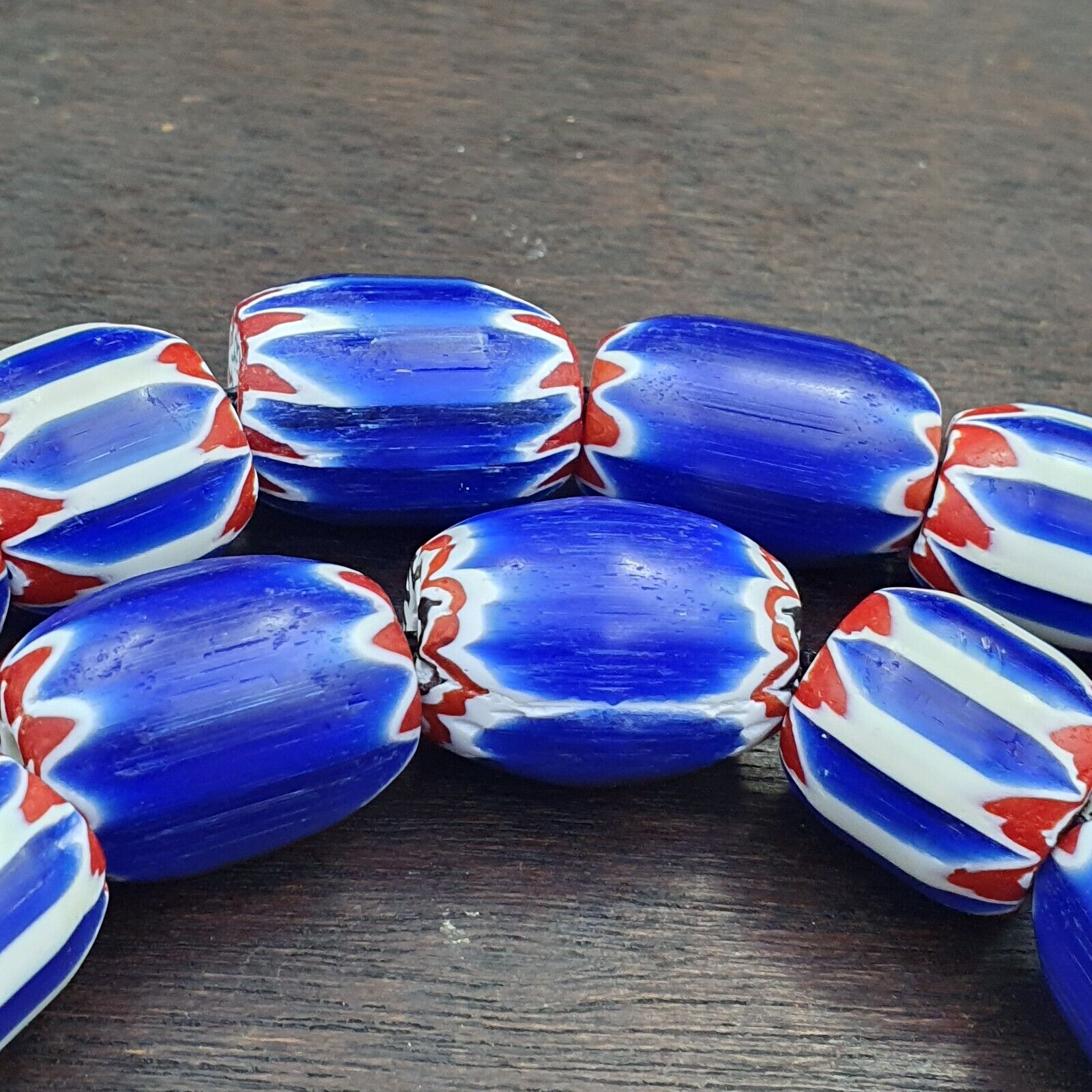 Vintage Venetian Style Trade Beads Blue Chevron Glass Beads Long necklace -B2