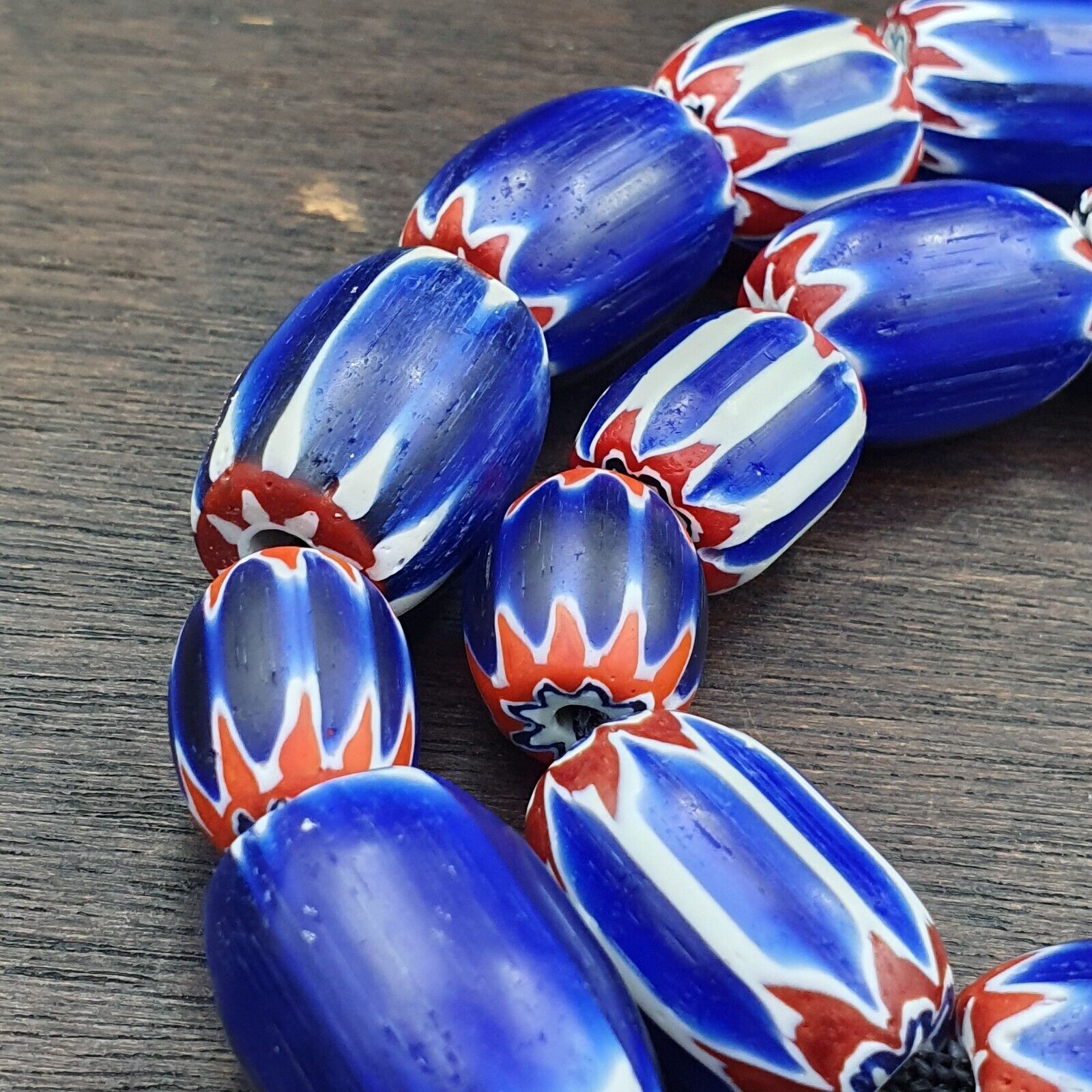 Vintage Venetian Style Trade Beads Blue Chevron Glass Beads Long necklace -B2