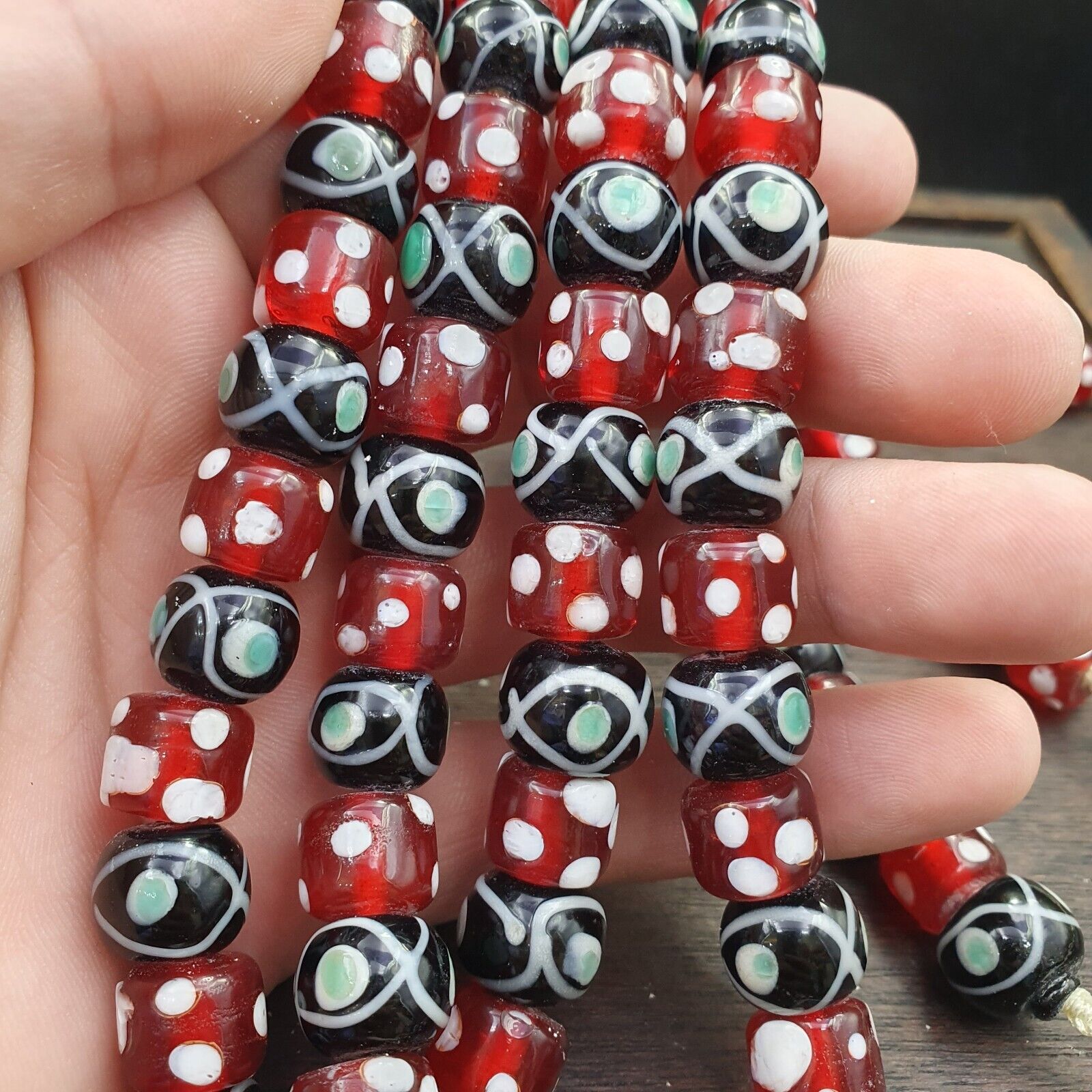 Vintage Red Skunk white Dotted and Black Eyes Glass Beads Strand Necklace