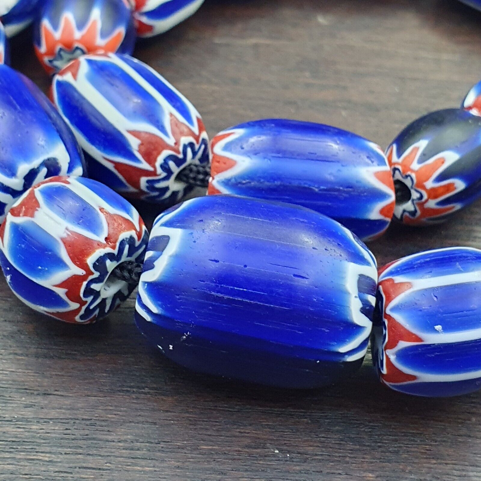 Vintage Venetian Style Trade Beads Blue Chevron Glass Beads Long necklace -B2