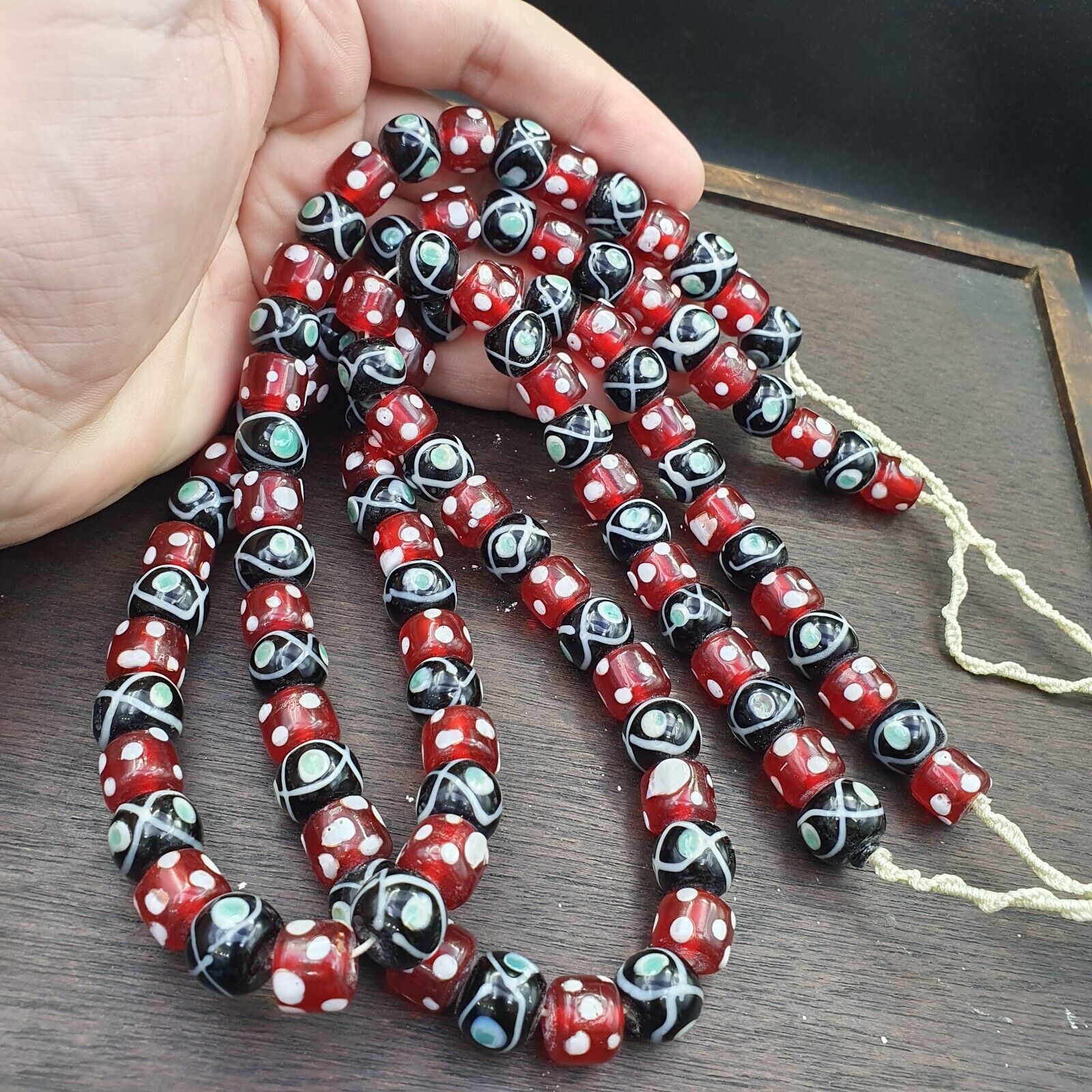 Vintage Red Skunk white Dotted and Black Eyes Glass Beads Strand Necklace