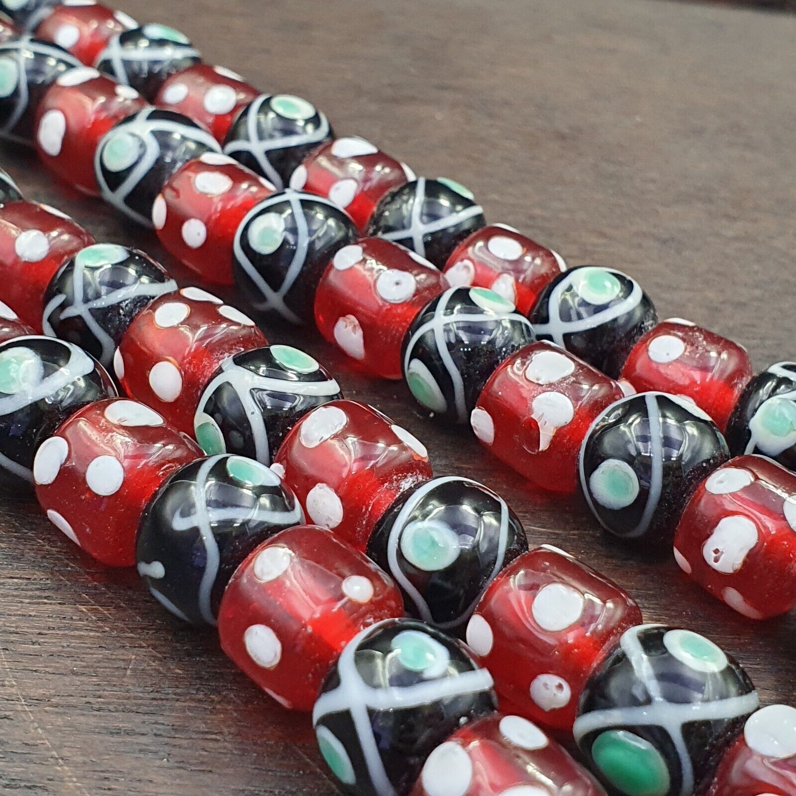 Vintage Red Skunk white Dotted and Black Eyes Glass Beads Strand Necklace