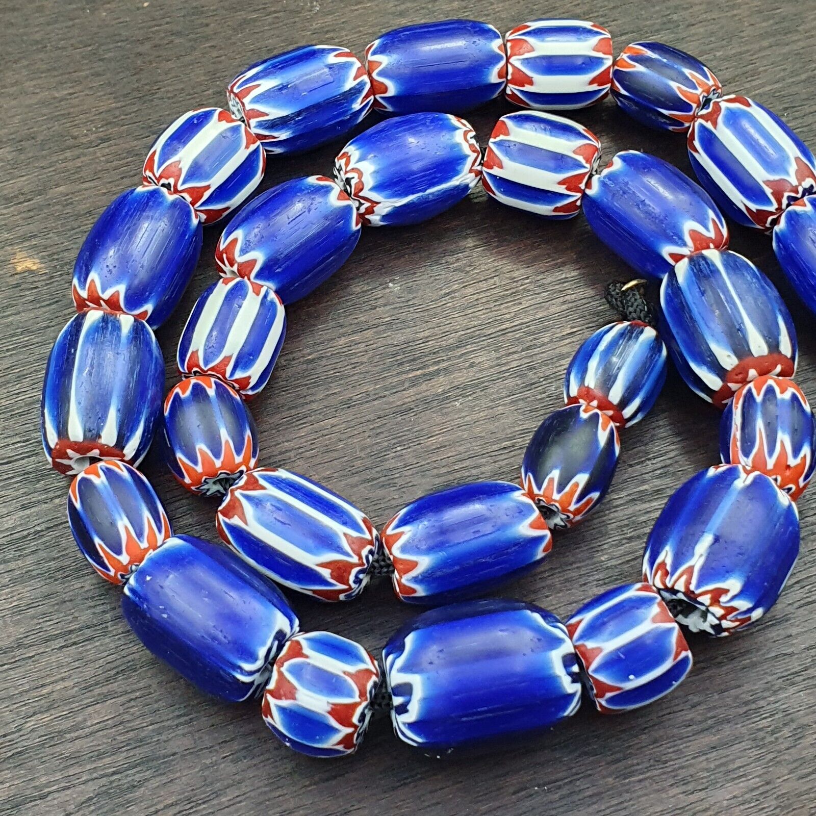 Vintage Venetian Style Trade Beads Blue Chevron Glass Beads Long necklace -B2