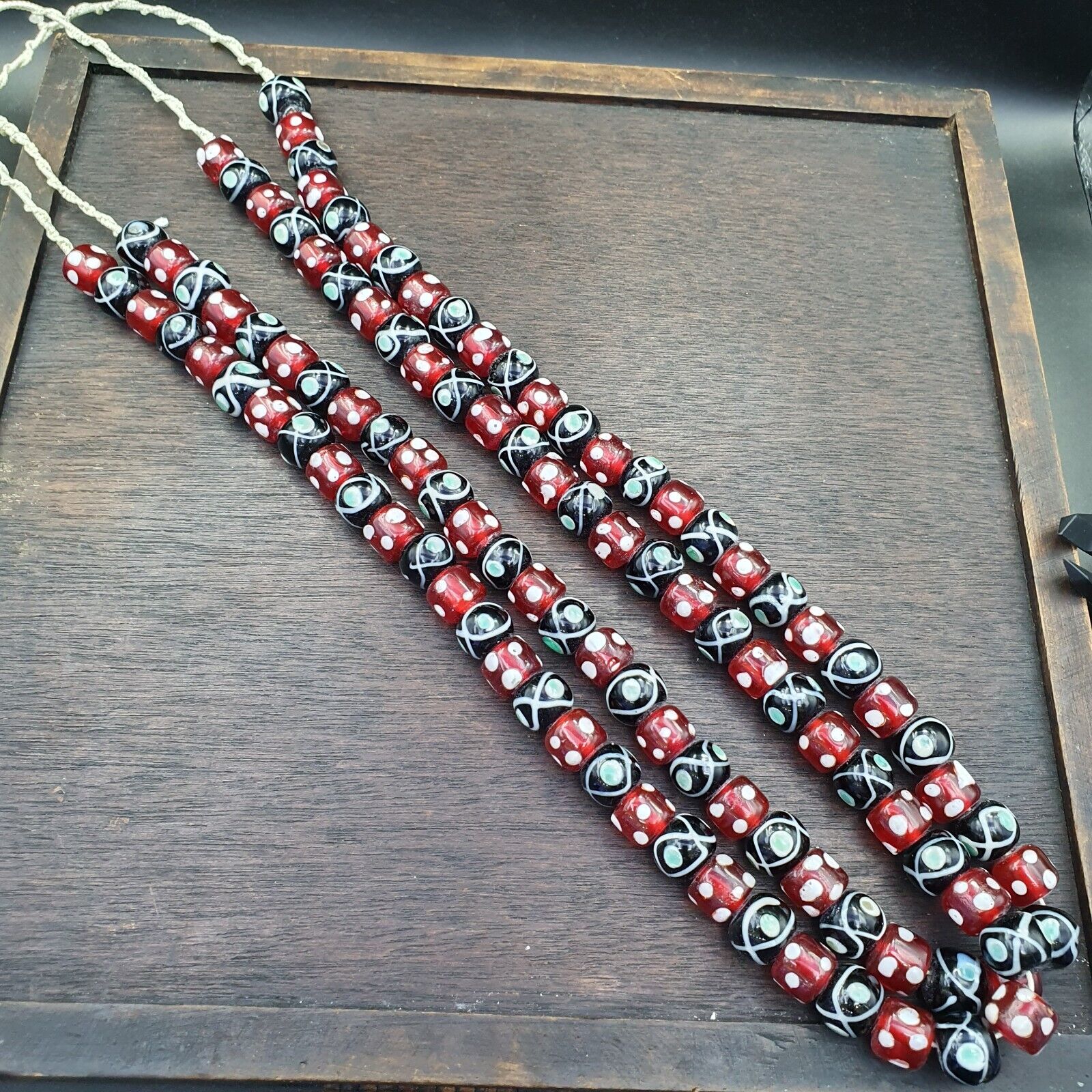 Vintage Red Skunk white Dotted and Black Eyes Glass Beads Strand Necklace