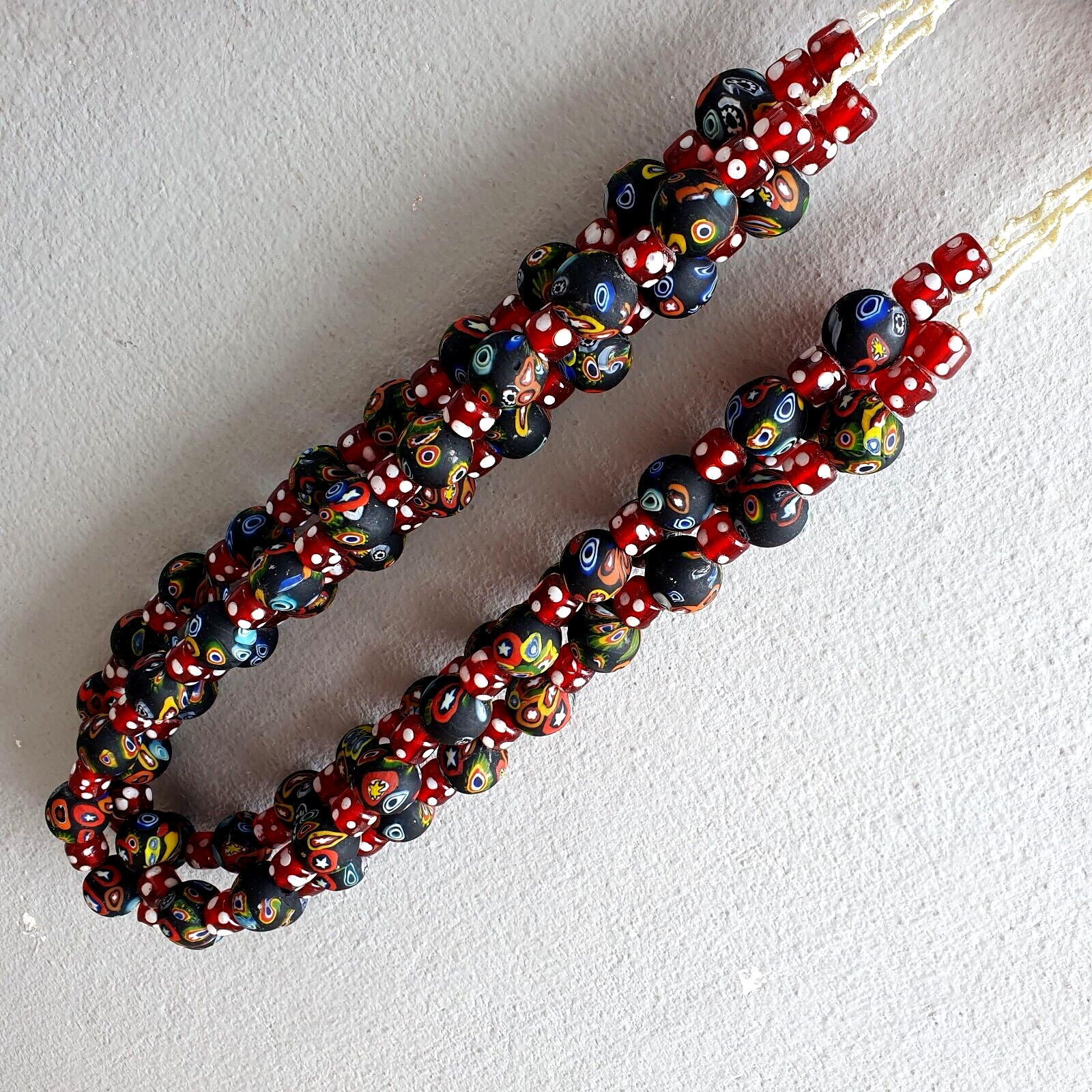 Vintage Red Skunk Eyes Mosaic Style Beads Strand GLASS BEADS Necklace