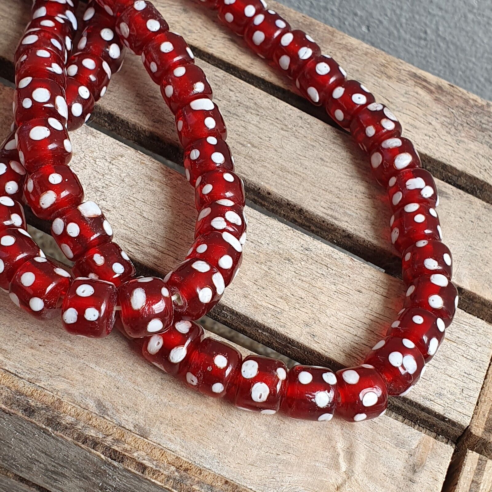 Vintage Red Skunk white Dotted Eyes Glass Beads Strand Necklace