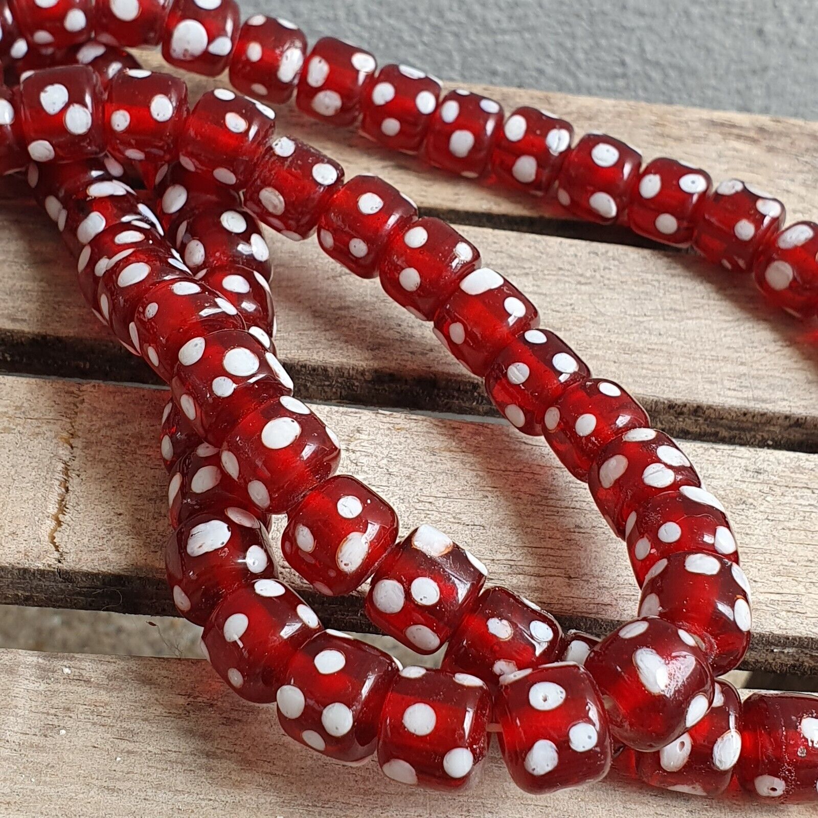 Vintage Red Skunk white Dotted Eyes Glass Beads Strand Necklace