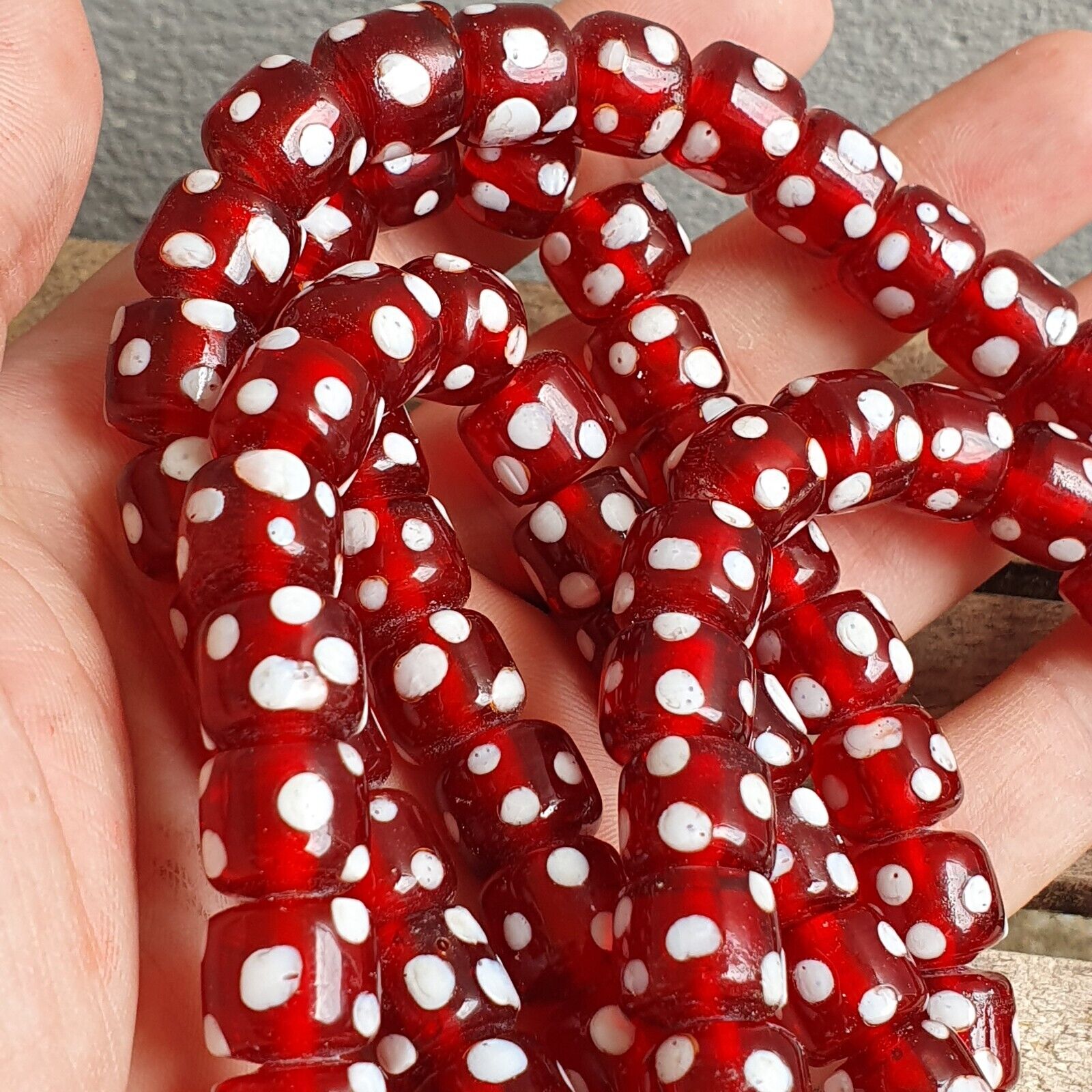 Vintage Red Skunk white Dotted Eyes Glass Beads Strand Necklace