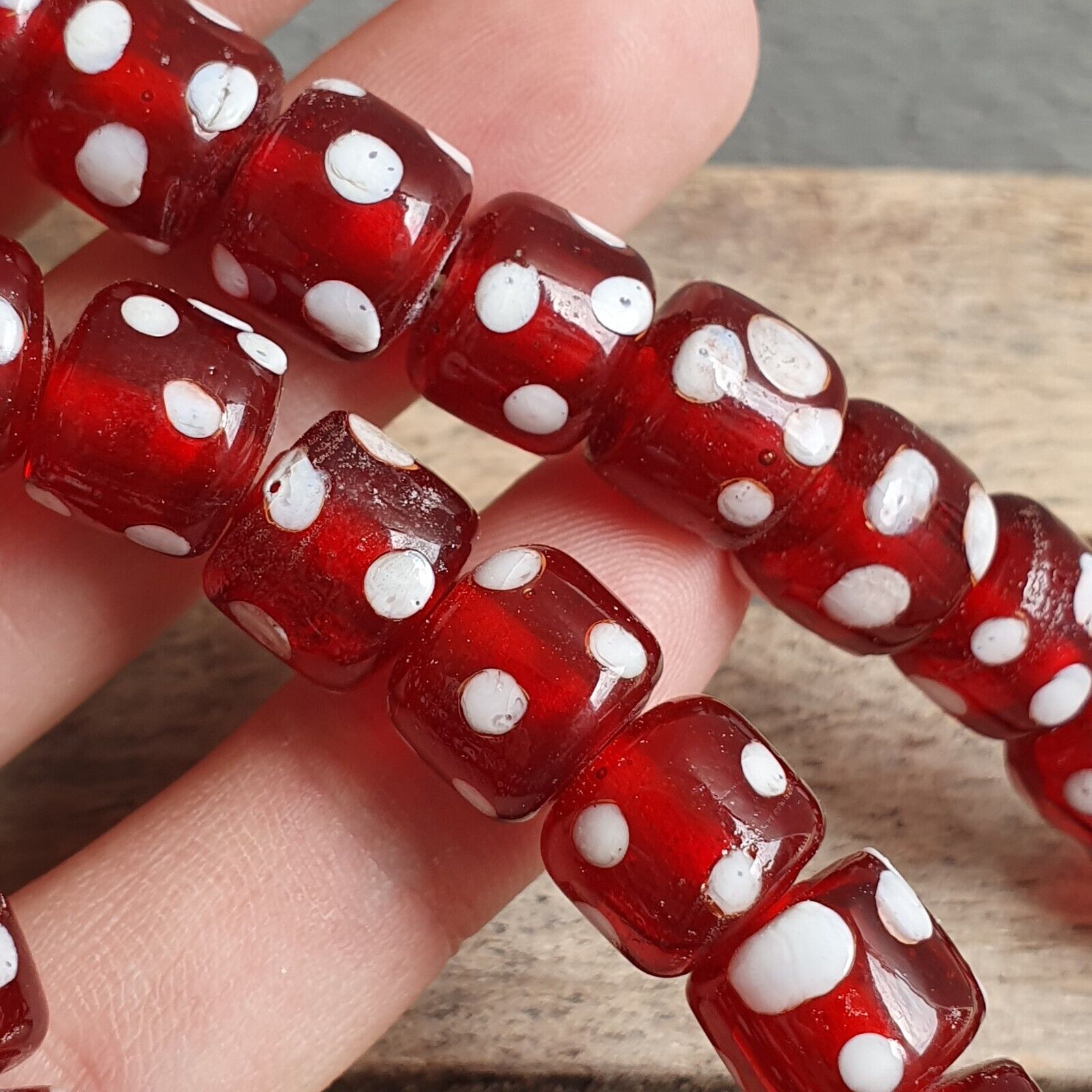 Vintage Red Skunk white Dotted Eyes Glass Beads Strand Necklace