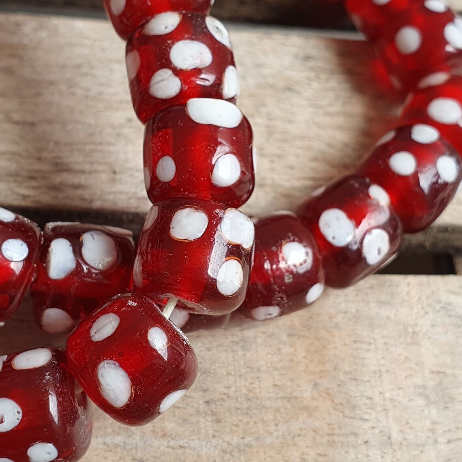 Vintage Red Skunk white Dotted Eyes Glass Beads Strand Necklace