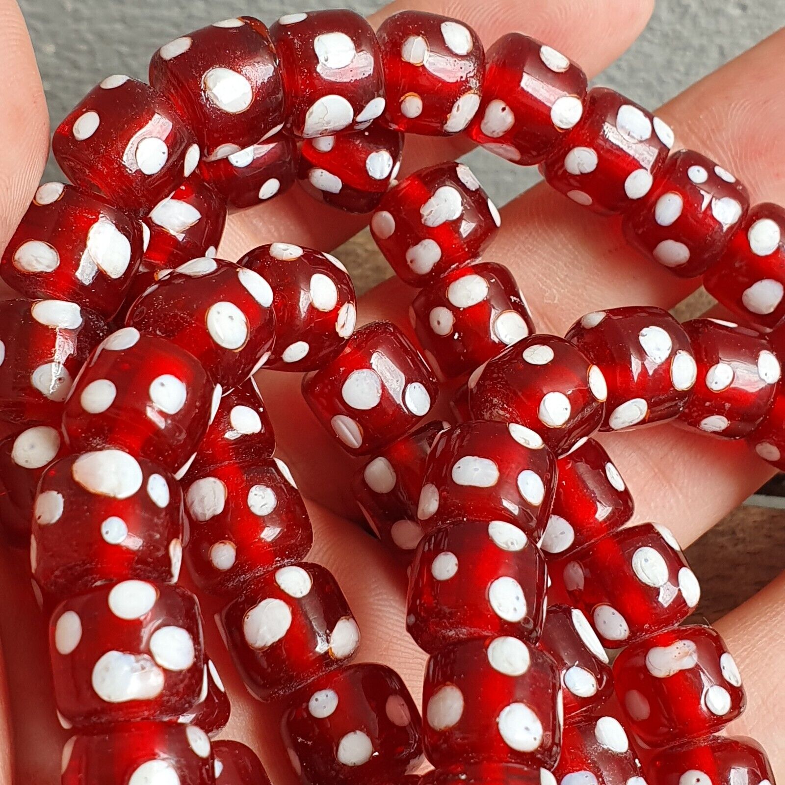 Vintage Red Skunk white Dotted Eyes Glass Beads Strand Necklace