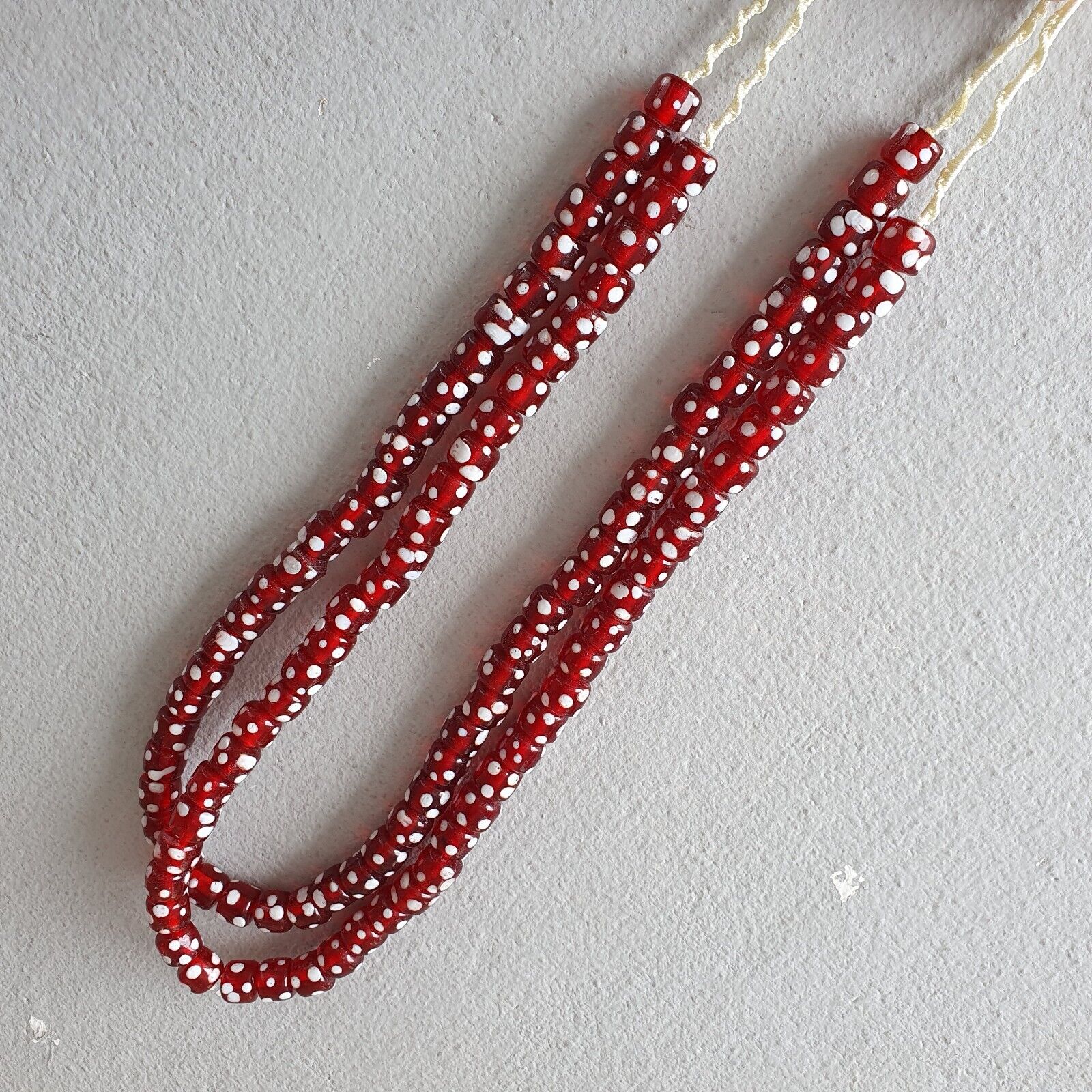 Vintage Red Skunk white Dotted Eyes Glass Beads Strand Necklace