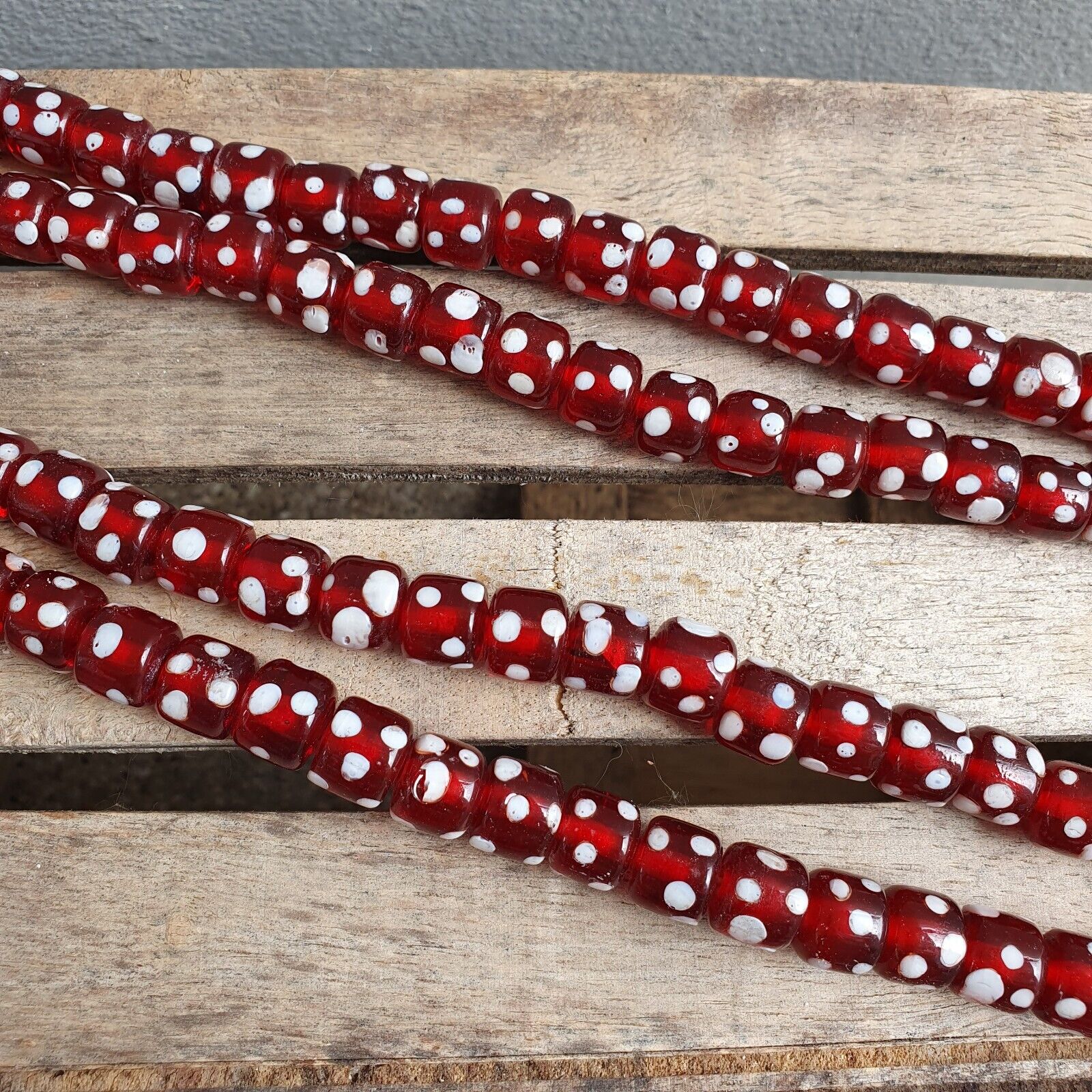 Vintage Red Skunk white Dotted Eyes Glass Beads Strand Necklace
