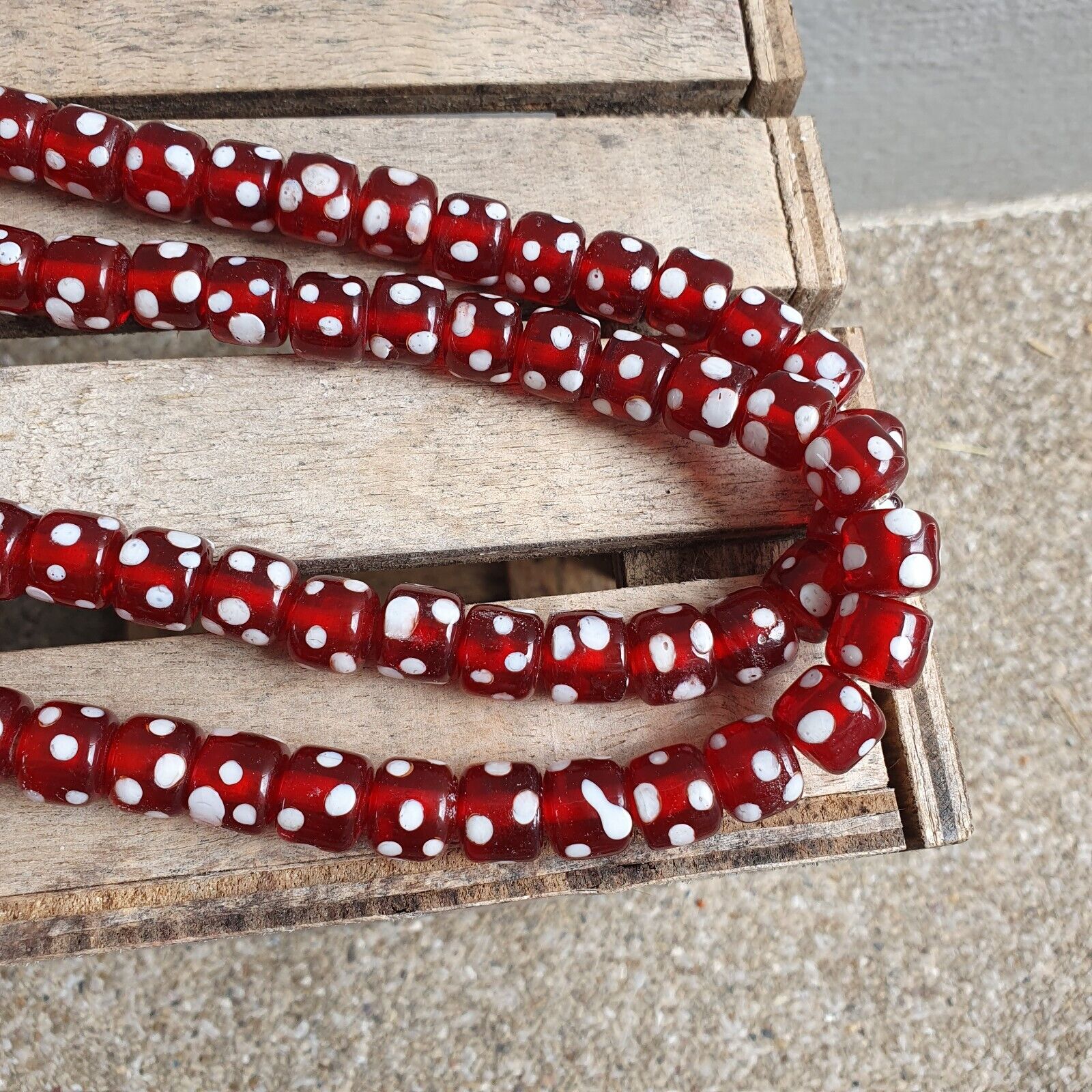 Vintage Red Skunk white Dotted Eyes Glass Beads Strand Necklace