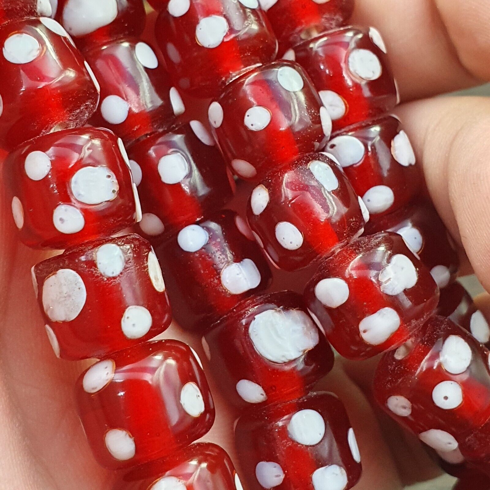 Vintage Red Skunk white Dotted Eyes Glass Beads Strand Necklace