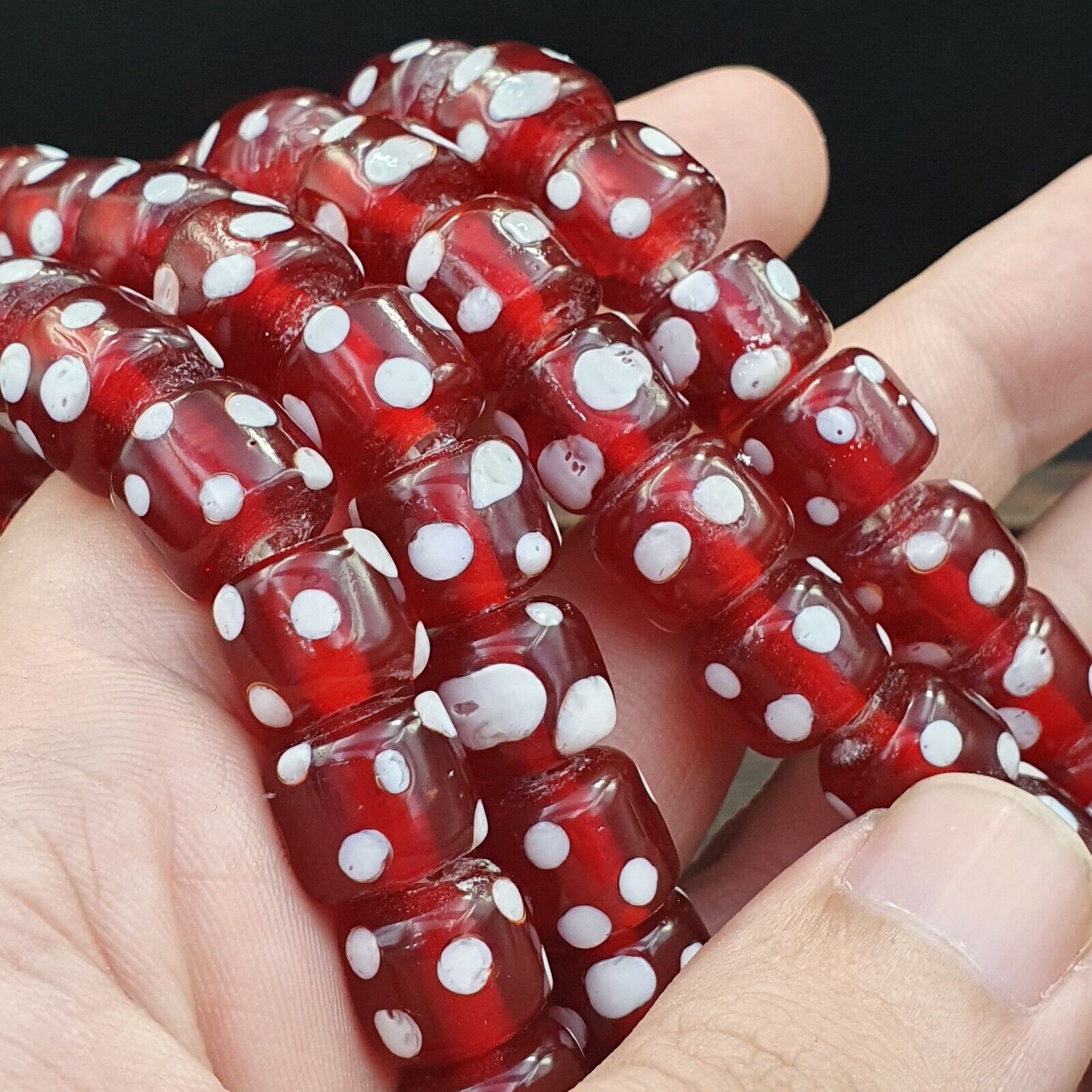 Vintage Red Skunk white Dotted Eyes Glass Beads Strand Necklace