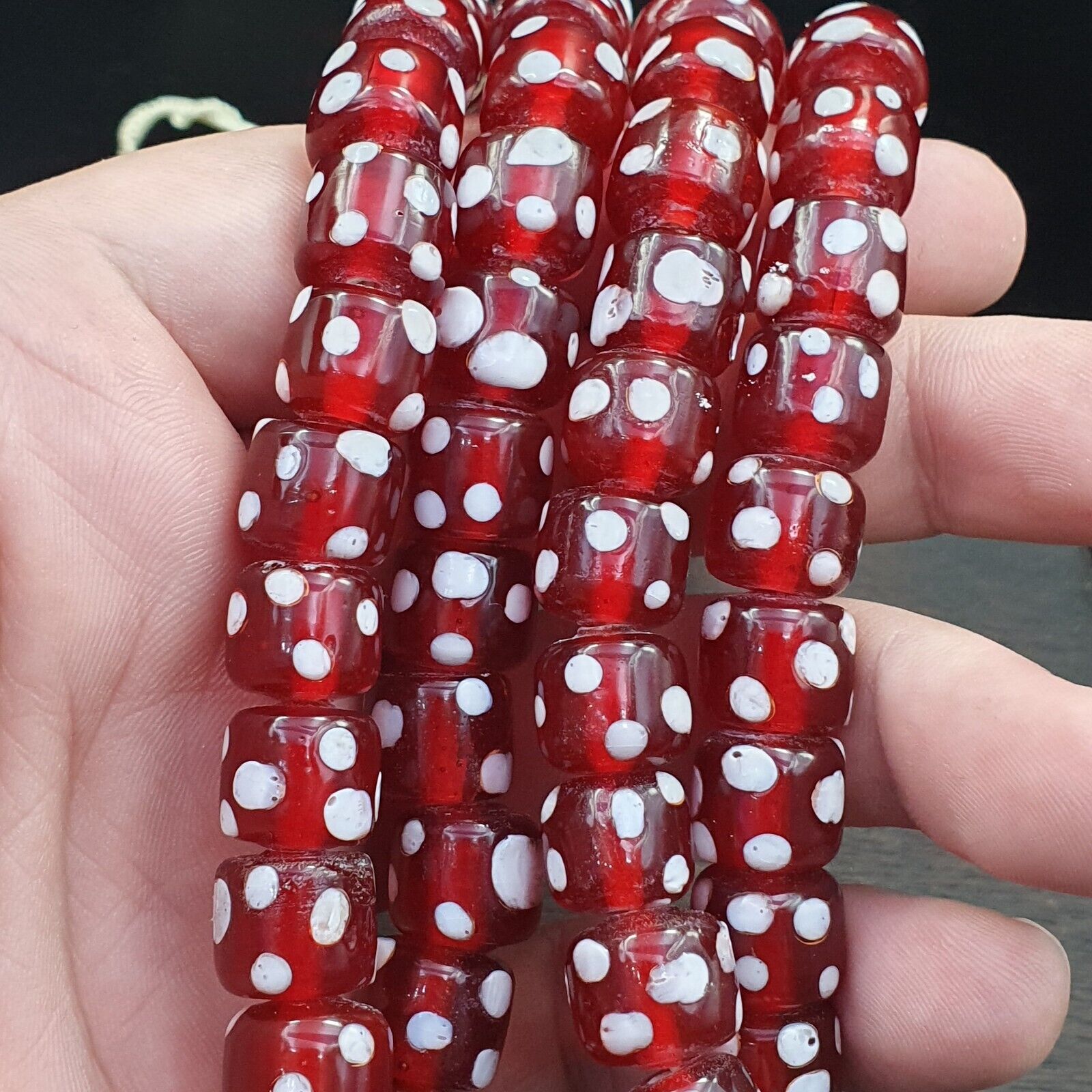 Vintage Red Skunk white Dotted Eyes Glass Beads Strand Necklace