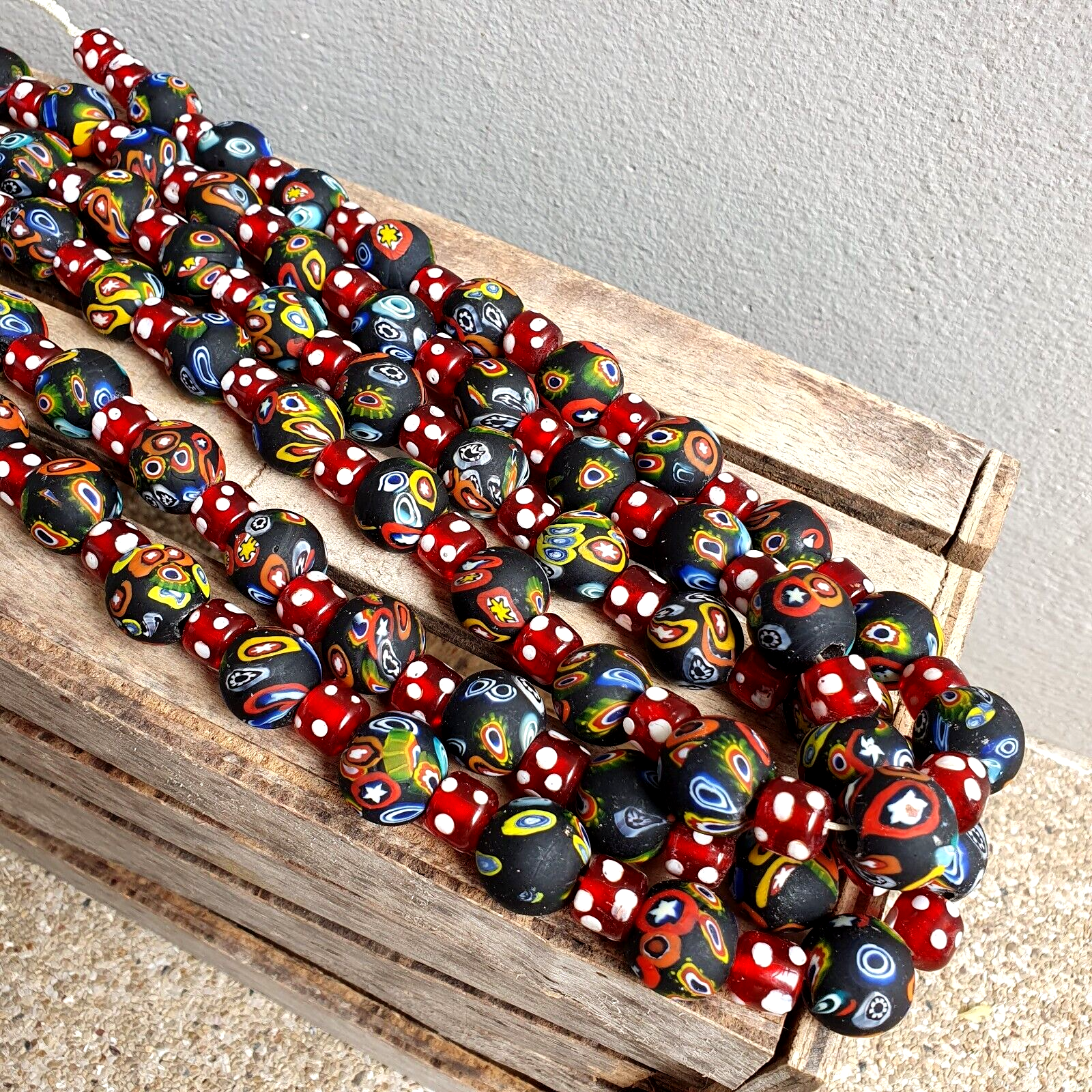 Vintage Red Skunk Eyes Mosaic Style Beads Strand GLASS BEADS Necklace