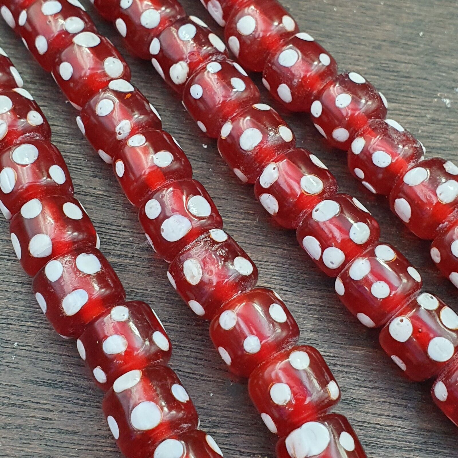 Vintage Red Skunk white Dotted Eyes Glass Beads Strand Necklace