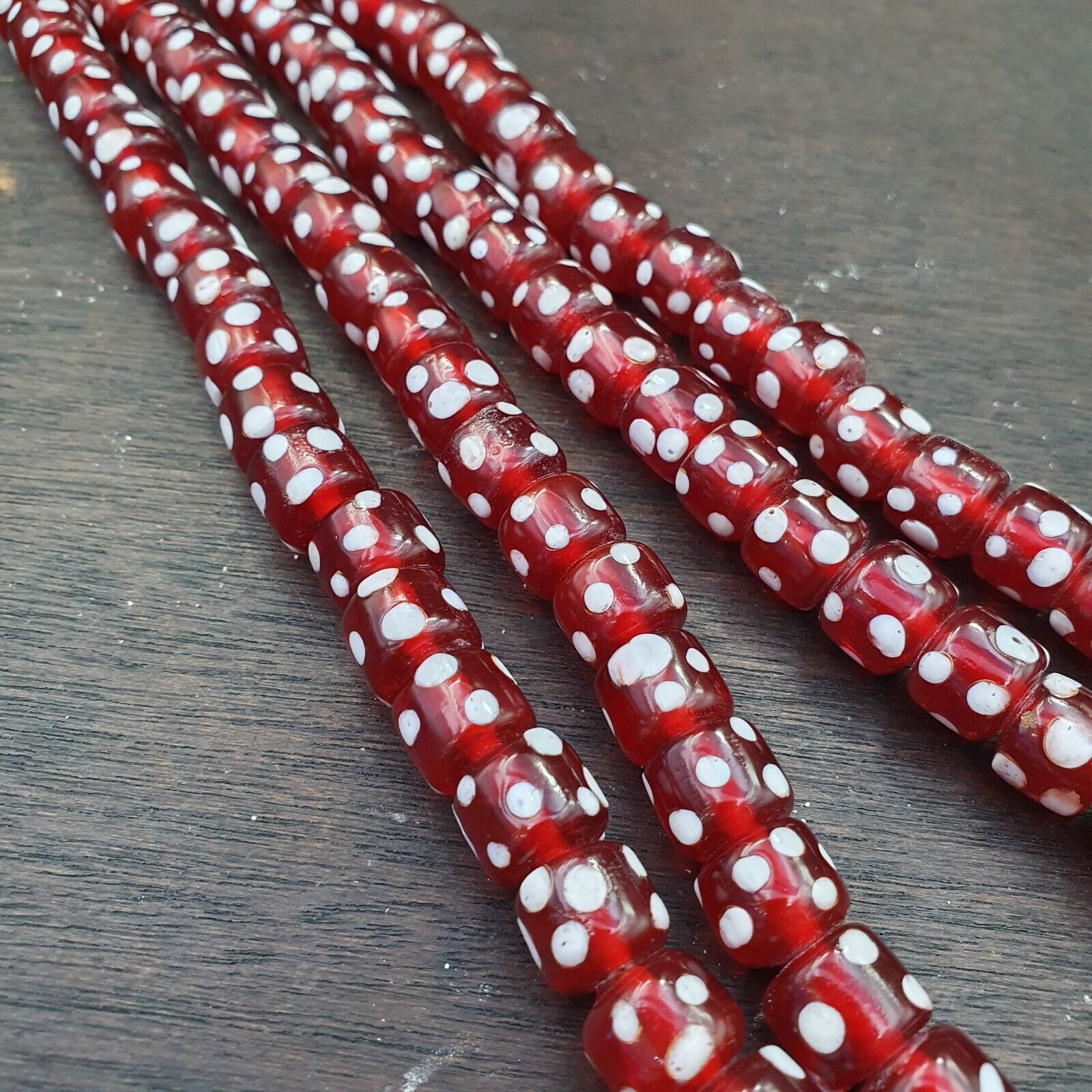 Vintage Red Skunk white Dotted Eyes Glass Beads Strand Necklace