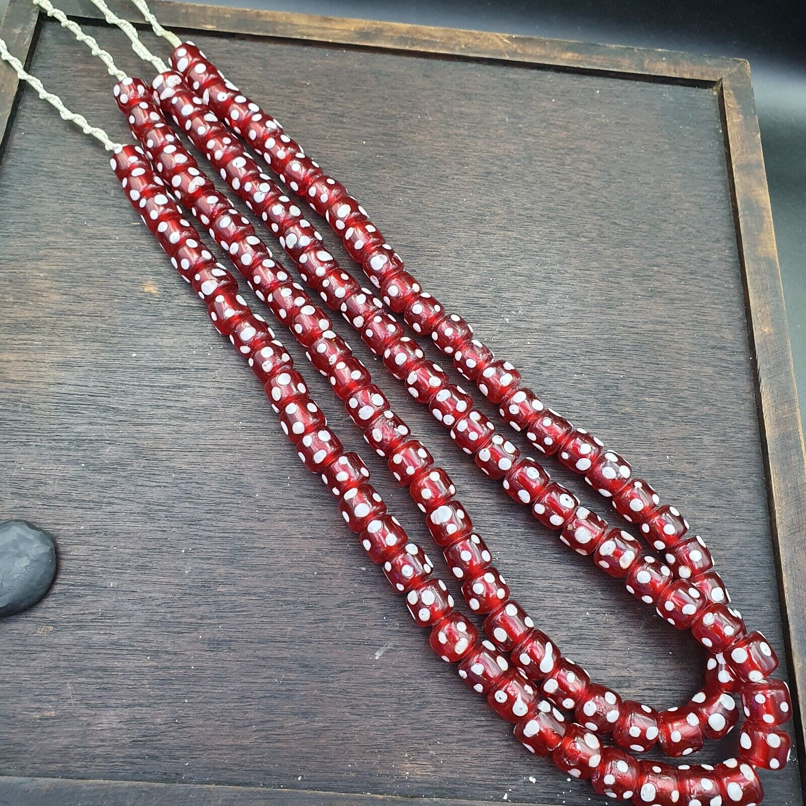 Vintage Red Skunk white Dotted Eyes Glass Beads Strand Necklace