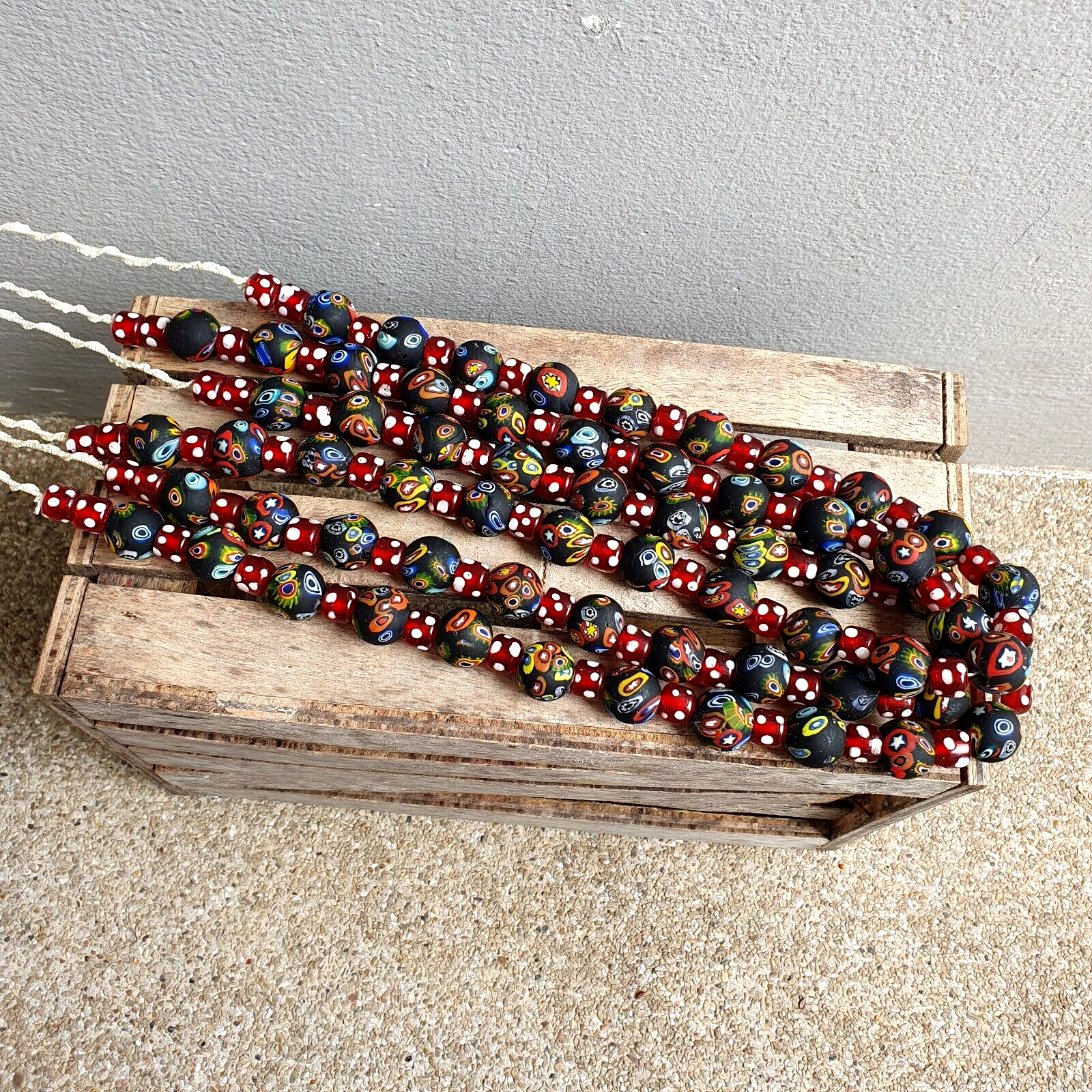 Vintage Red Skunk Eyes Mosaic Style Beads Strand GLASS BEADS Necklace