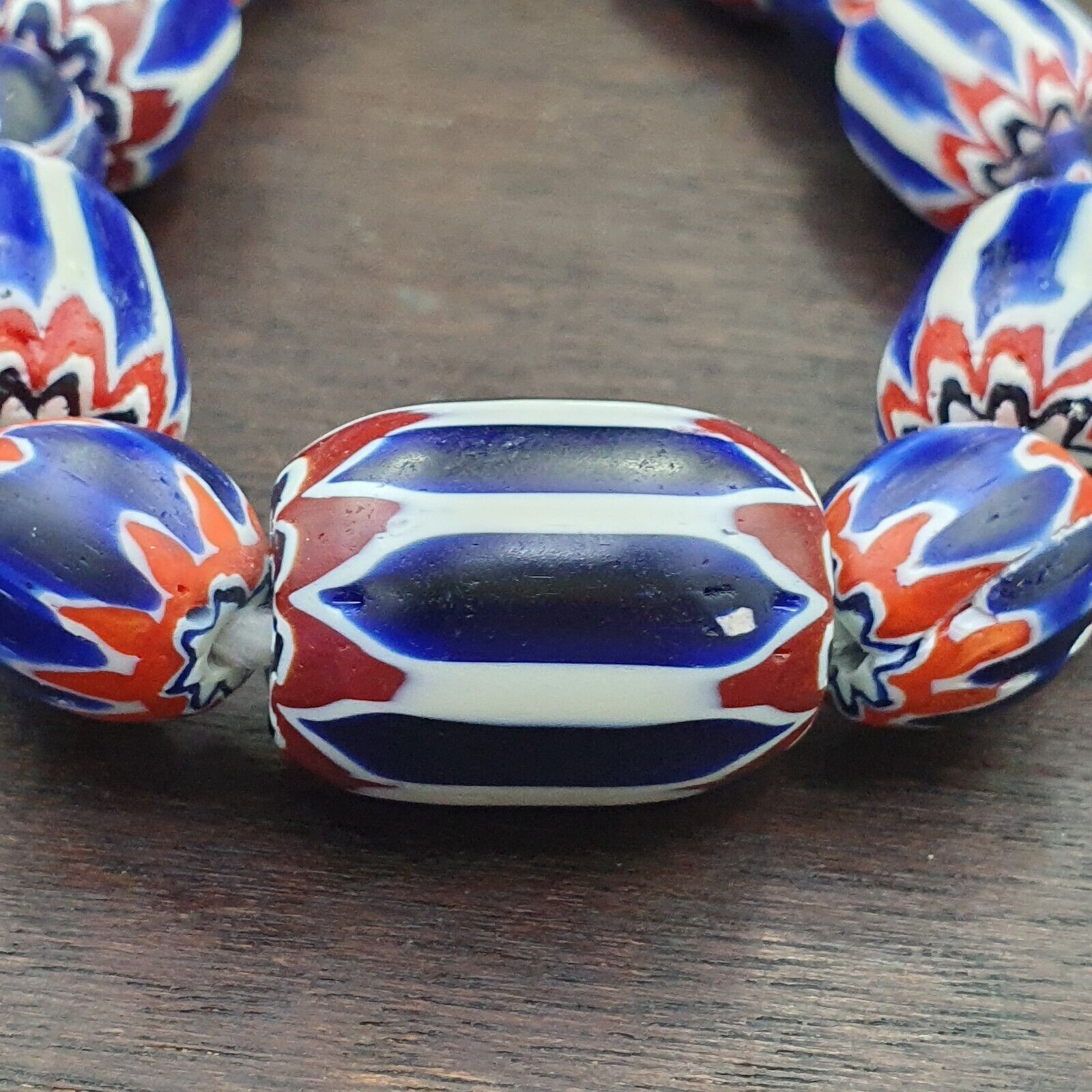 Vintage Venetian Style Trade Beads Blue Chevron Glass Beads Long necklace