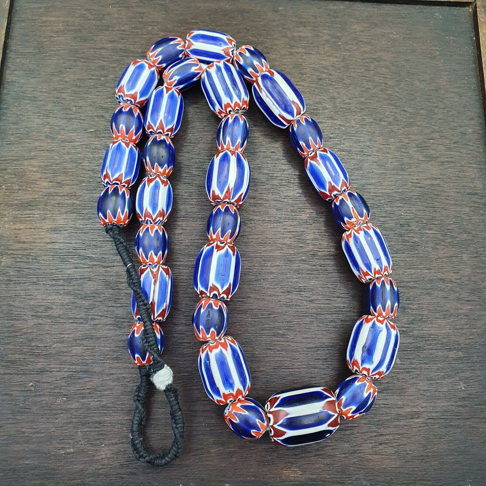 Vintage Venetian Style Trade Beads Blue Chevron Glass Beads Long necklace