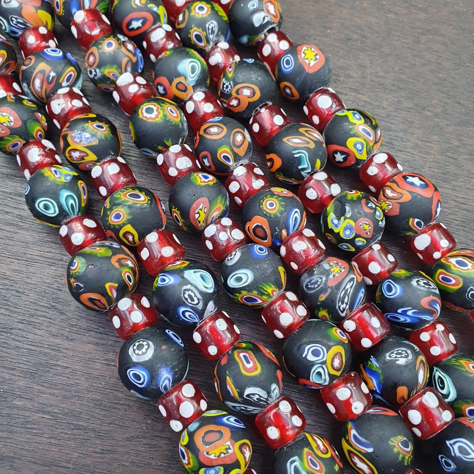 Vintage Red Skunk Eyes Mosaic Style Beads Strand GLASS BEADS Necklace