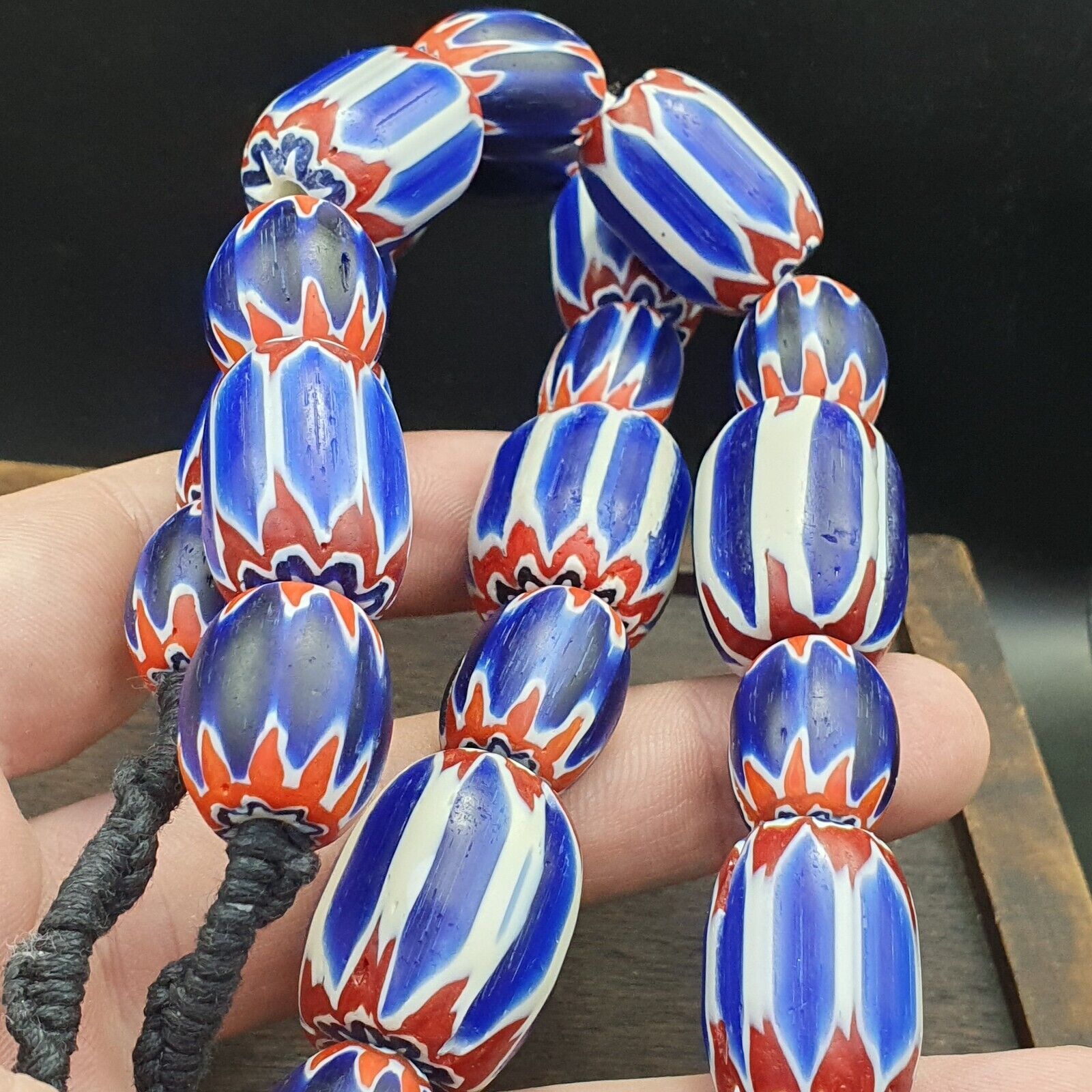 Vintage Venetian Style Trade Beads Blue Chevron Glass Beads Long necklace