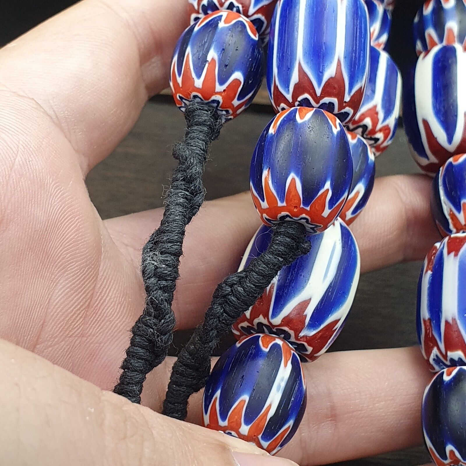 Vintage Venetian Style Trade Beads Blue Chevron Glass Beads Long necklace