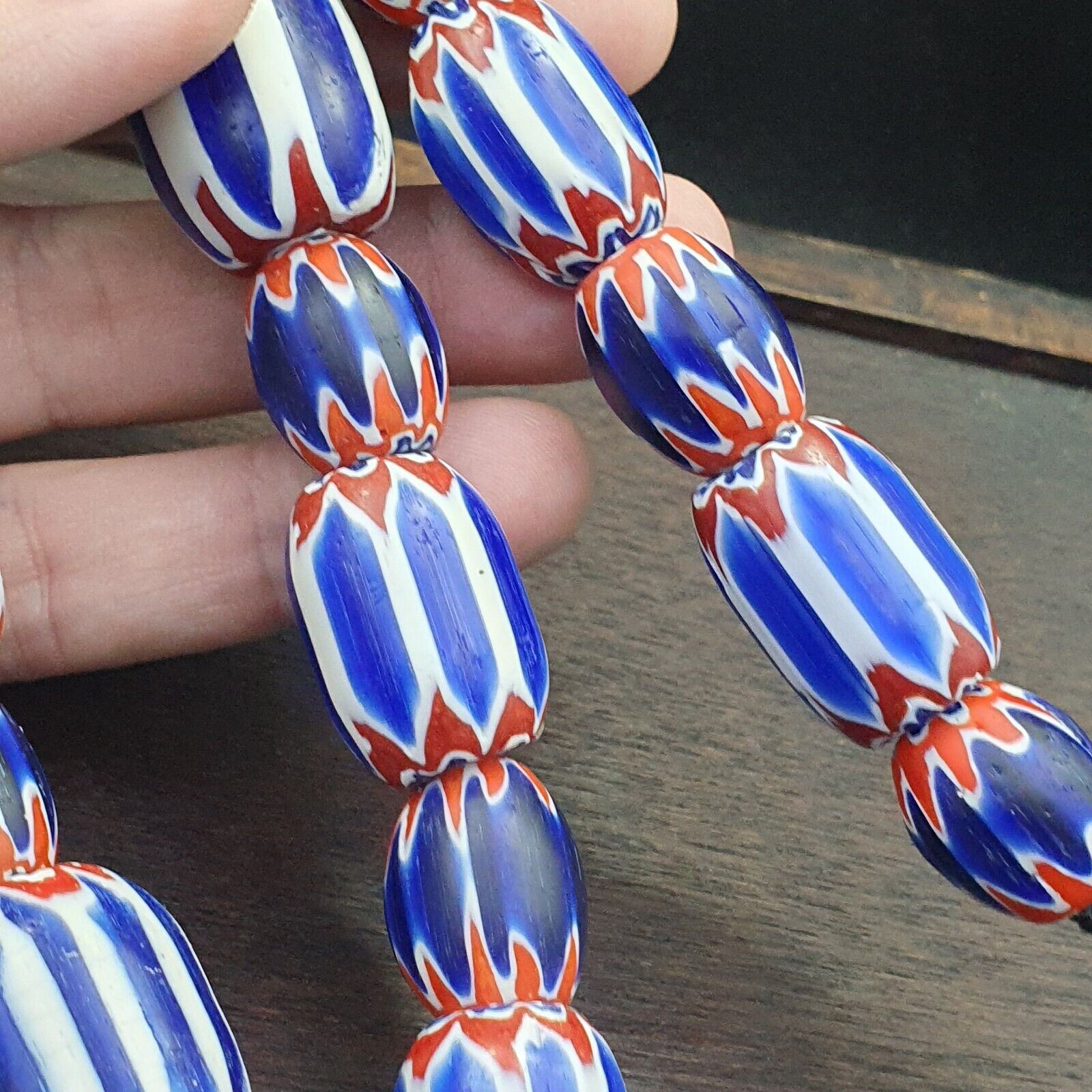 Vintage Venetian Style Trade Beads Blue Chevron Glass Beads Long necklace