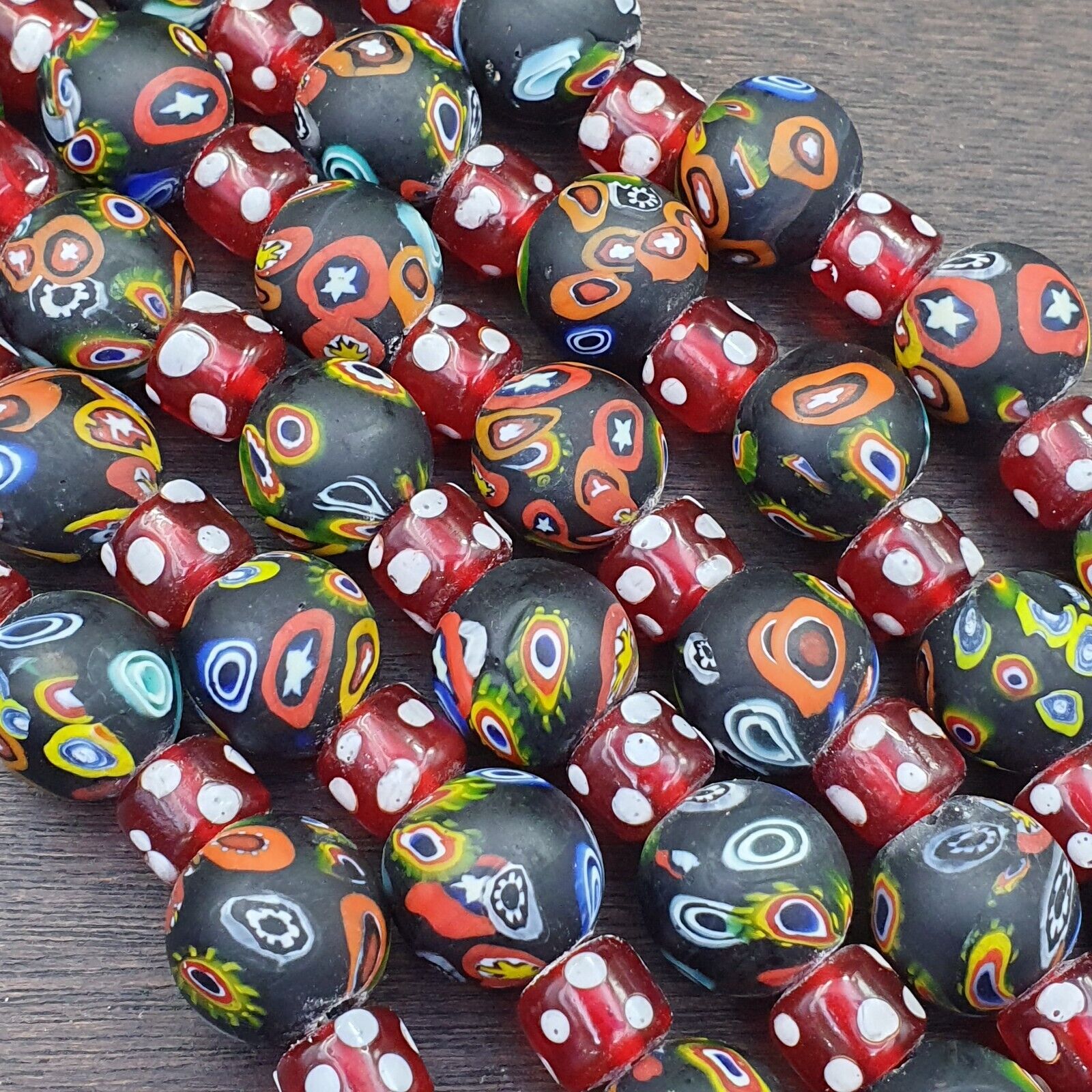Vintage Red Skunk Eyes Mosaic Style Beads Strand GLASS BEADS Necklace