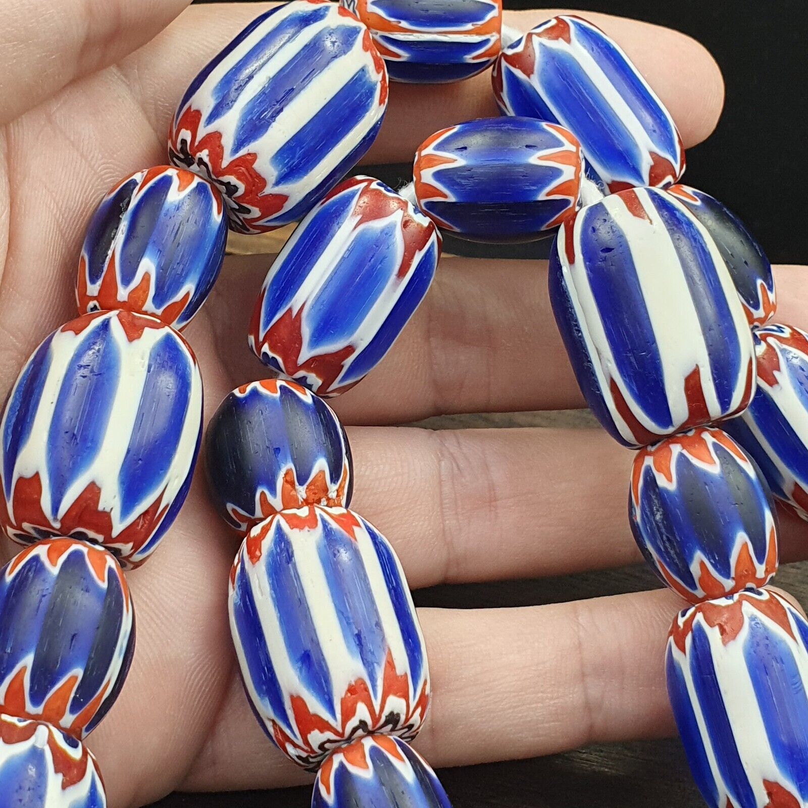 Vintage Venetian Style Trade Beads Blue Chevron Glass Beads Long necklace