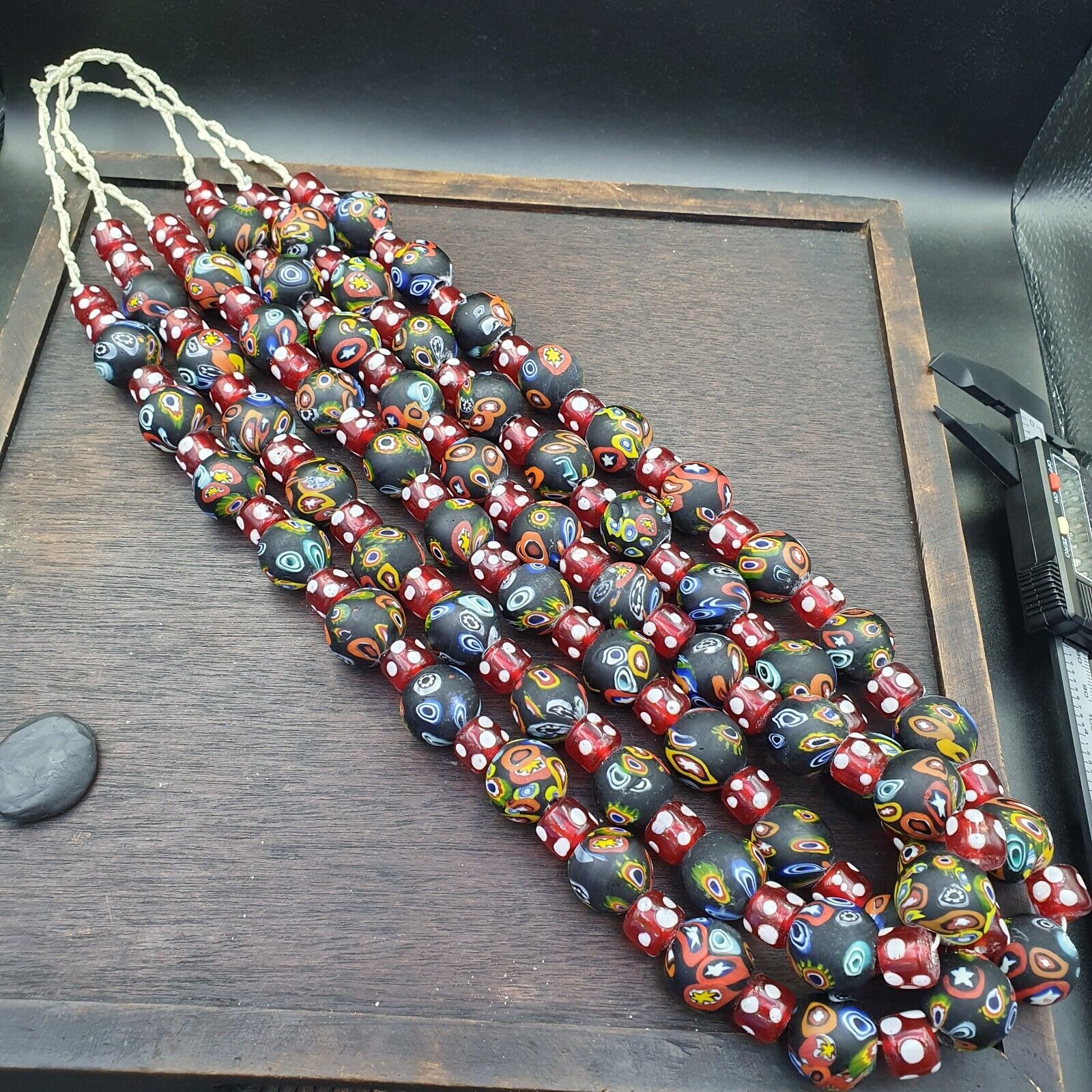 Vintage Red Skunk Eyes Mosaic Style Beads Strand GLASS BEADS Necklace
