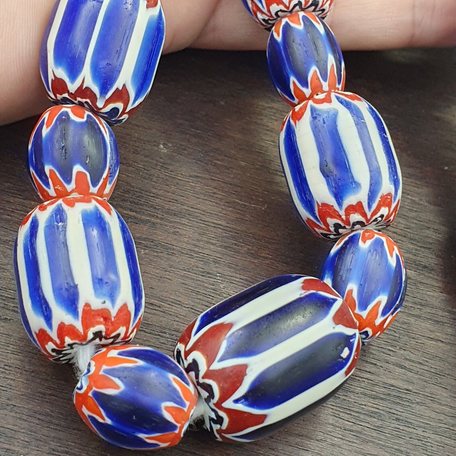 Vintage Venetian Style Trade Beads Blue Chevron Glass Beads Long necklace