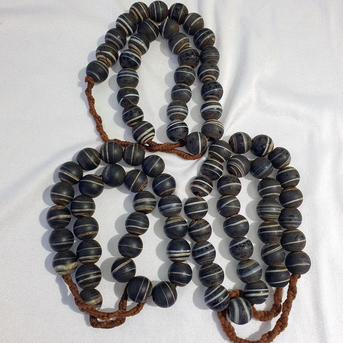 Vintage African White Stripes Black Glass Antique Beads 17-18MM