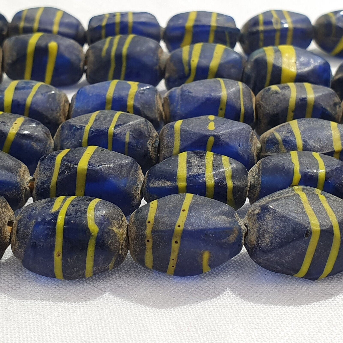 Vintage BEAUTIFUL OLD AFRICAN yellow Stripes Blue GLASS ANTIQUE BEADS 20x12MM