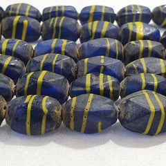 Vintage BEAUTIFUL OLD AFRICAN yellow Stripes Blue GLASS ANTIQUE BEADS 20x12MM